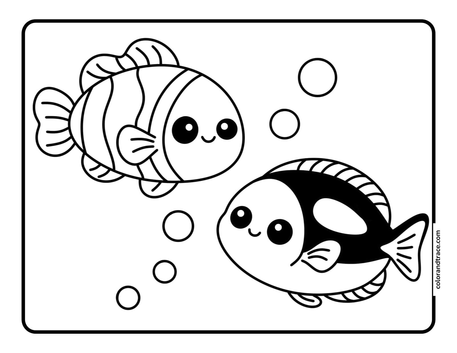 Simple black-and-white coloring page showing two smiling cartoon fish with stripes and bubbles inside a rounded rectangular border.