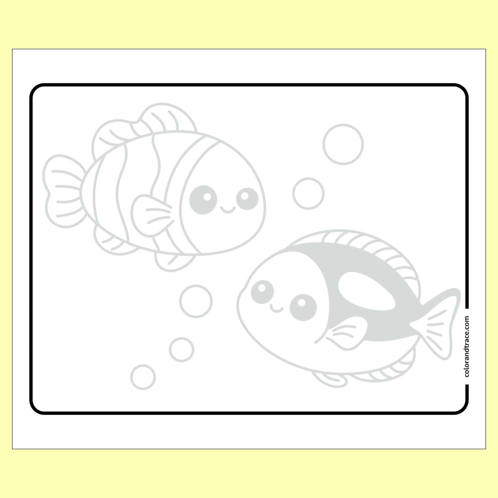 Preview of a tracing page on a pale yellow background showing two large, smiling cartoon fish and scattered bubbles inside a rounded rectangular border.