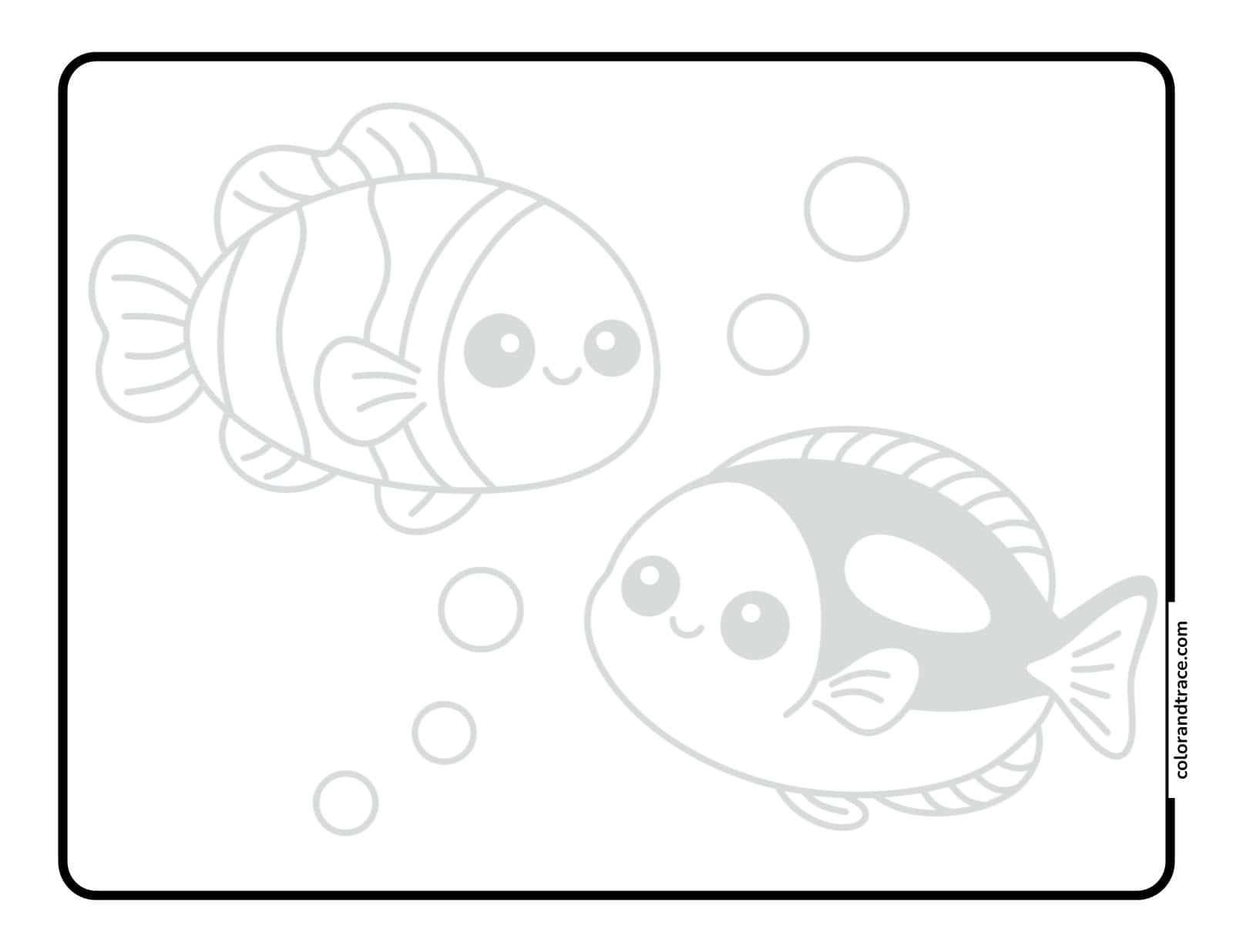 A tracing page showing two large, smiling cartoon fish and scattered bubbles inside a rounded rectangular border on a pale yellow background.