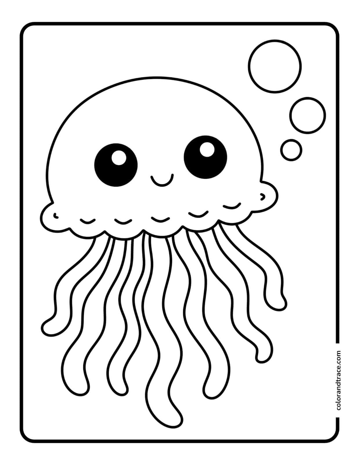Large outlined kawaii jellyfish coloring page with a smiling face, big round eyes, scalloped bell, flowing wavy tentacles, and bubbles.