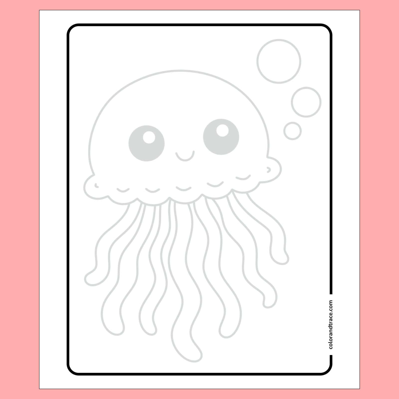 tracing page on a pink background: A light-gray outlined cute jellyfish tracing page with big eyes, smile, wavy tentacles and three bubbles inside a rounded rectangular frame.