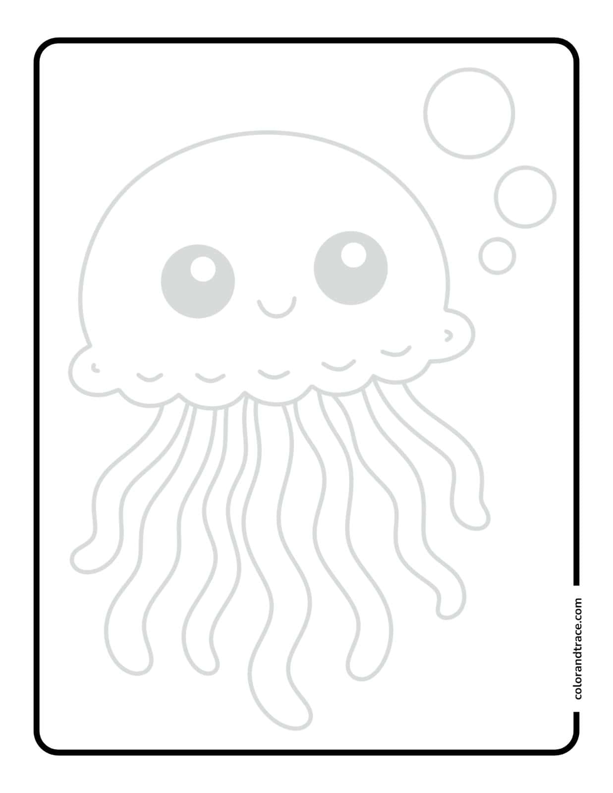 A light-gray outlined cute jellyfish tracing page with big eyes, smile, wavy tentacles and three bubbles inside a rounded rectangular frame.