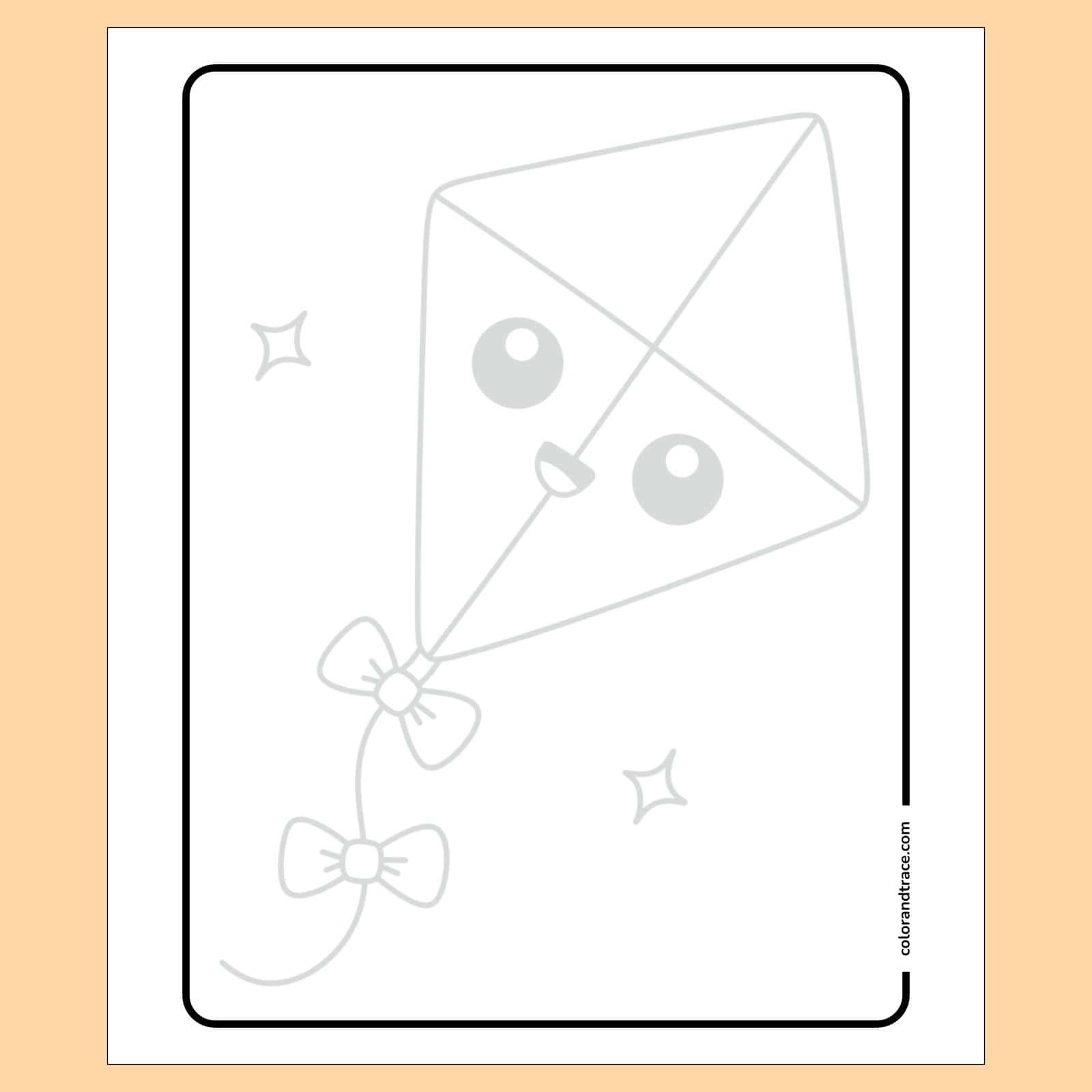 Preview of black-outlined rectangular tracing page with a faint kite drawing, two bows on its tail and three small sparkles on a pale peach background.