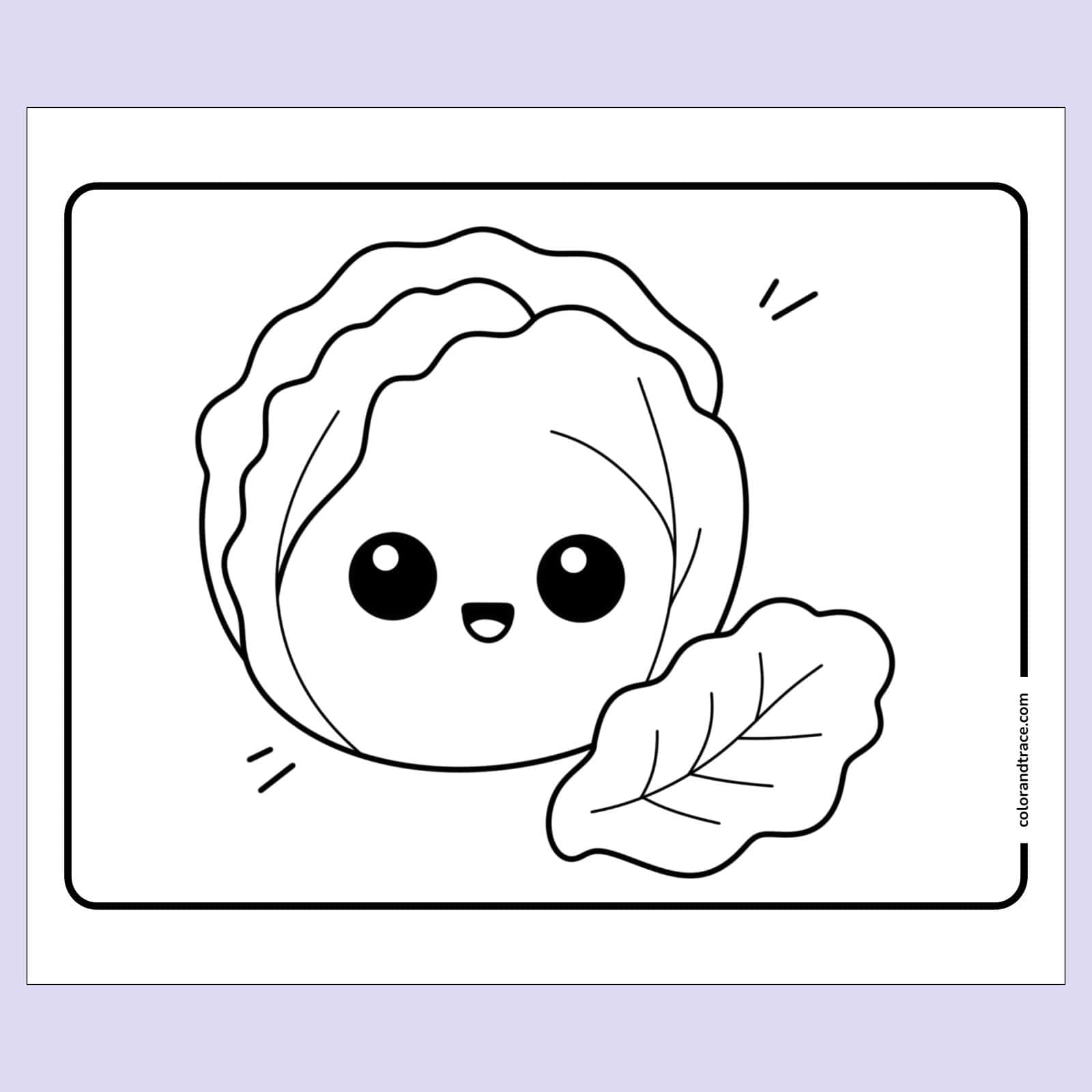 Preview of cute kawaii cabbage coloring page showing a smiling round cabbage head with big eyes and two leaves on a pale purple background.