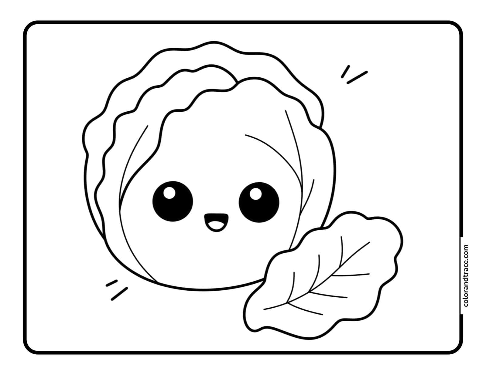 Cute kawaii cabbage coloring page showing a smiling round cabbage head with big eyes and two leaves inside a thick rounded border.