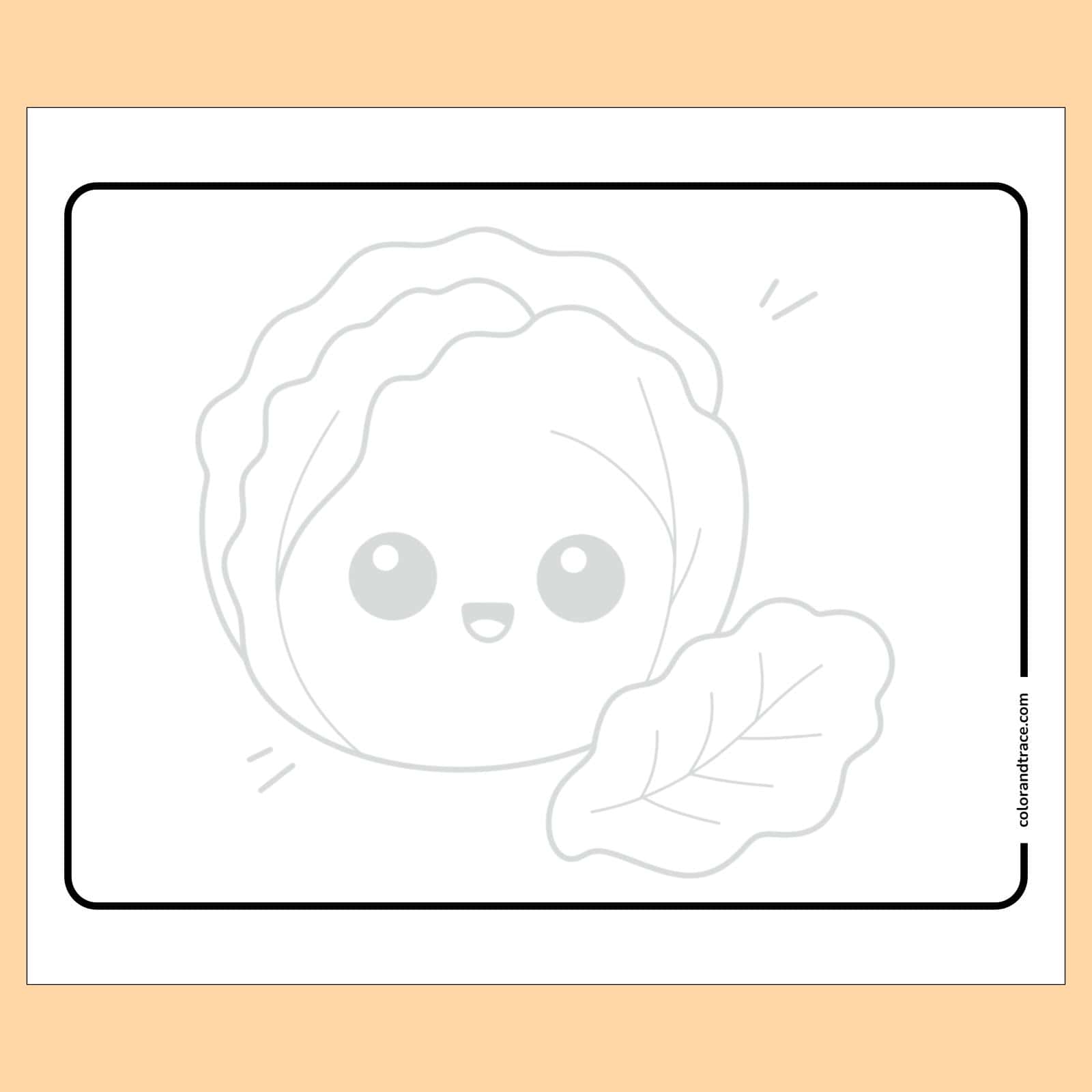 tracing page on a peach background: A centered tracing page shows a large smiling cabbage character with big eyes and a leaf, inside a rounded rectangle on peach background.