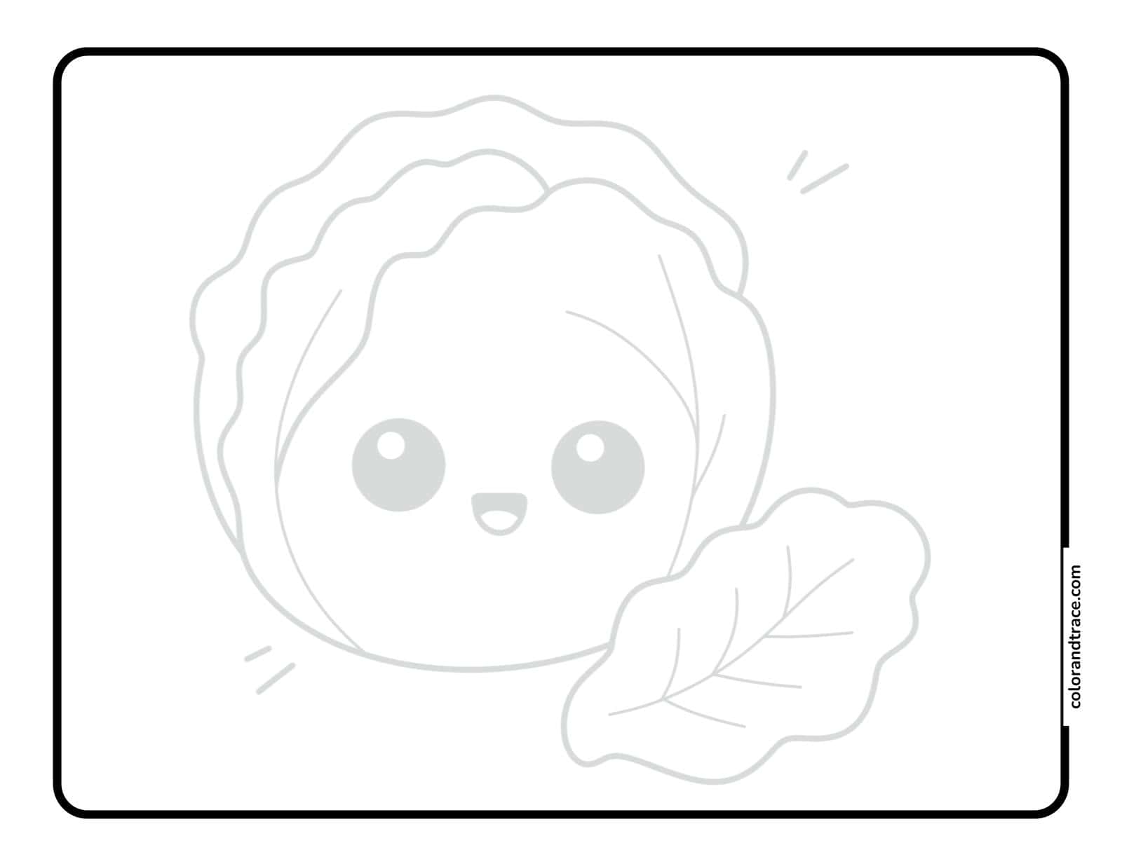 A centered tracing page shows a large smiling cabbage character with big eyes and a leaf, inside a rounded rectangle on peach background.