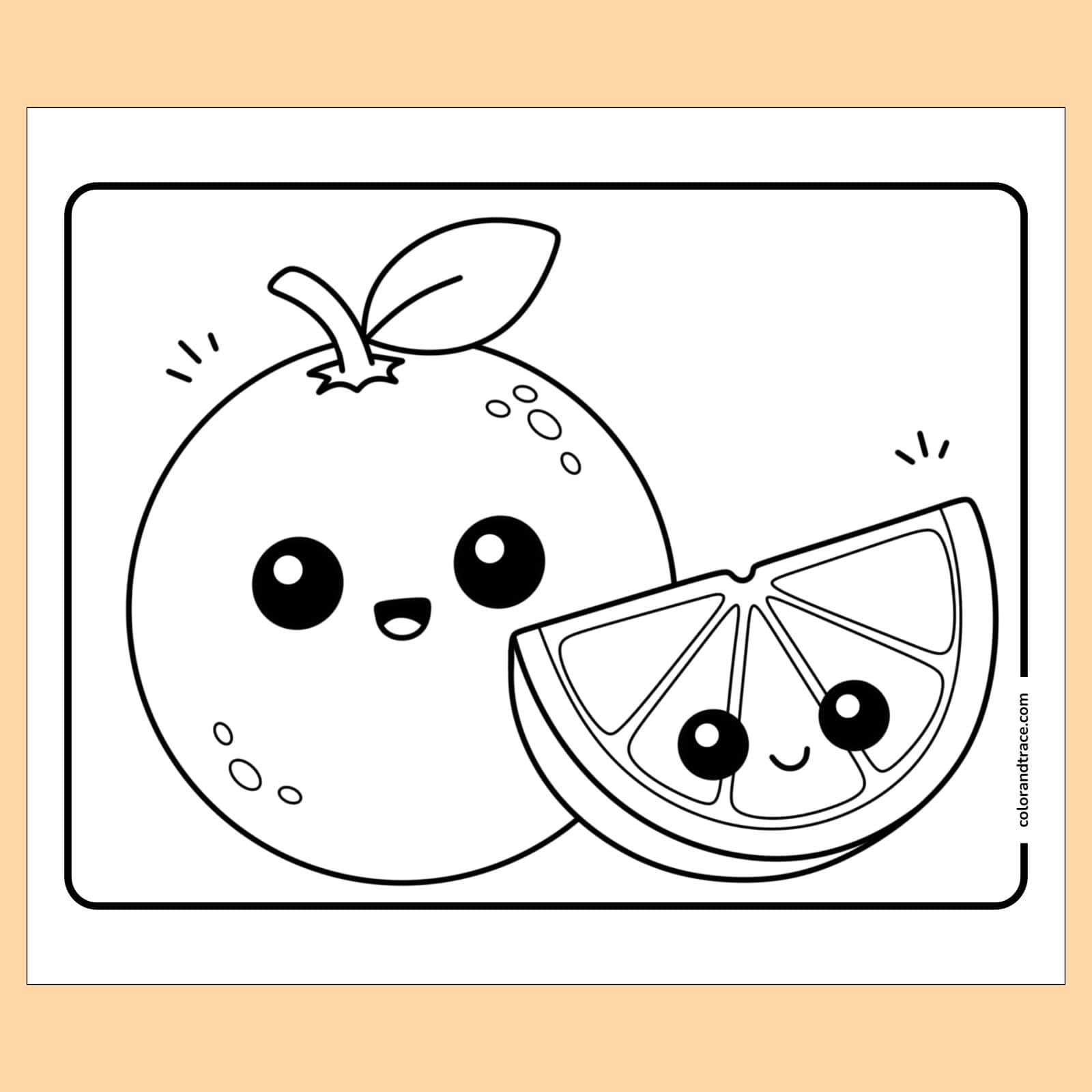 coloring page on a peach background: Kawaii-style whole orange and smiling orange slice with big eyes inside a rounded rectangular coloring page frame, simple bold outlines.