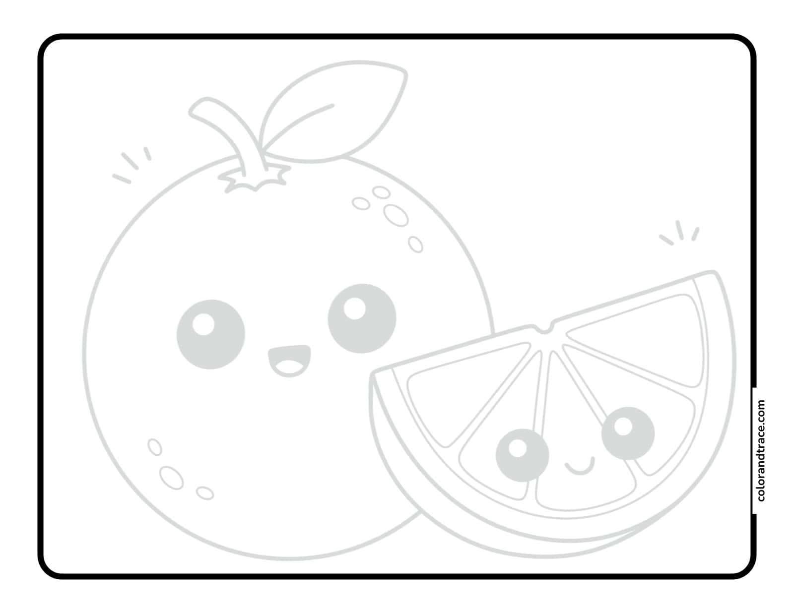 Black outline of a rounded rectangle framing a light-gray kawaii orange and an orange slice with smiling faces on a pale pink background.