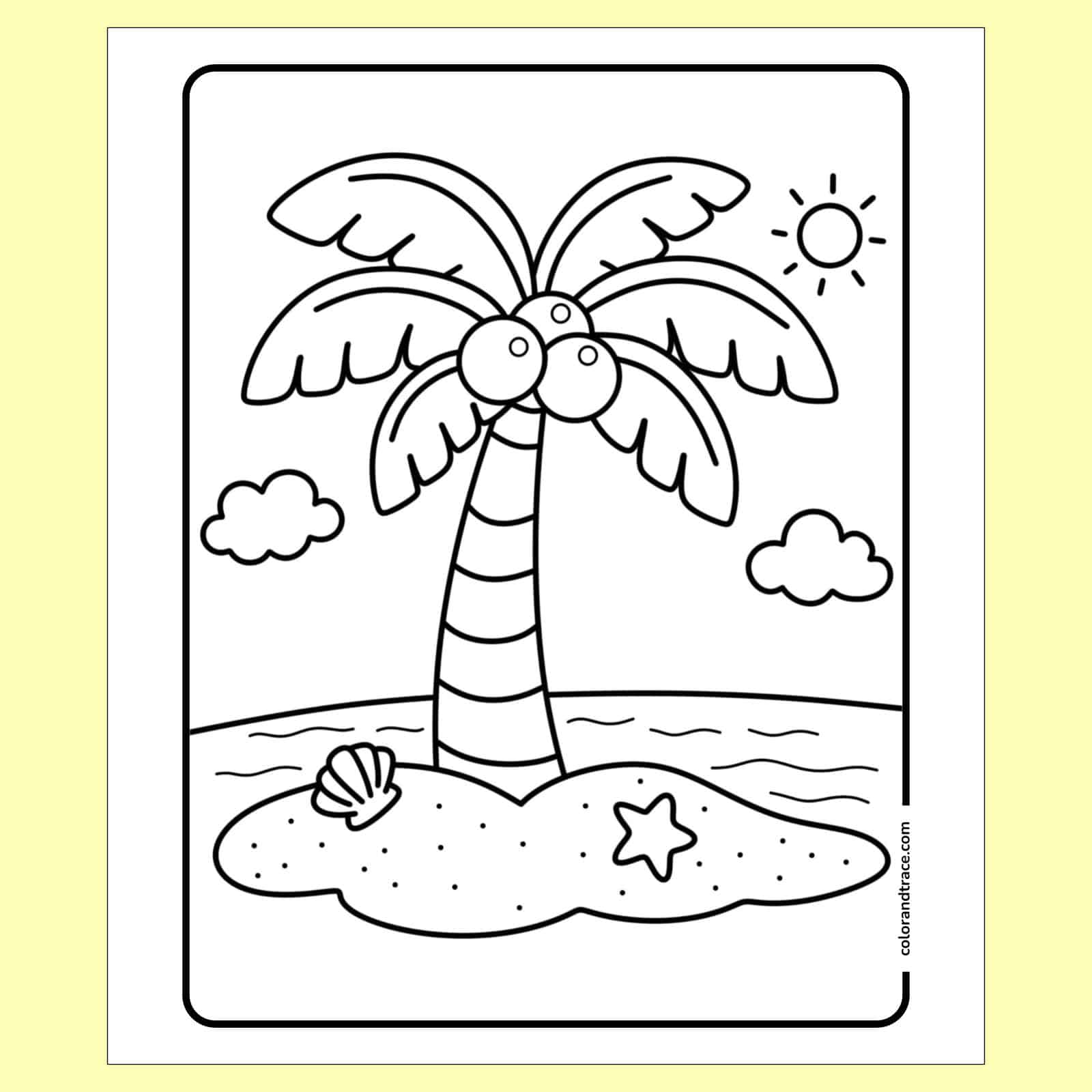 Preview of black-and-white beach coloring page showing a central palm tree with coconuts, sandy island, seashell, starfish, sun, clouds, and framed border.