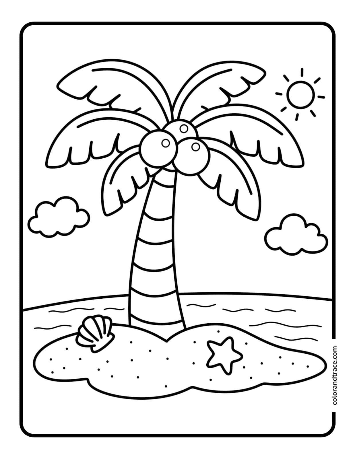 Black-and-white beach coloring page showing a central palm tree with coconuts, sandy island, seashell, starfish, sun, clouds, and framed border.