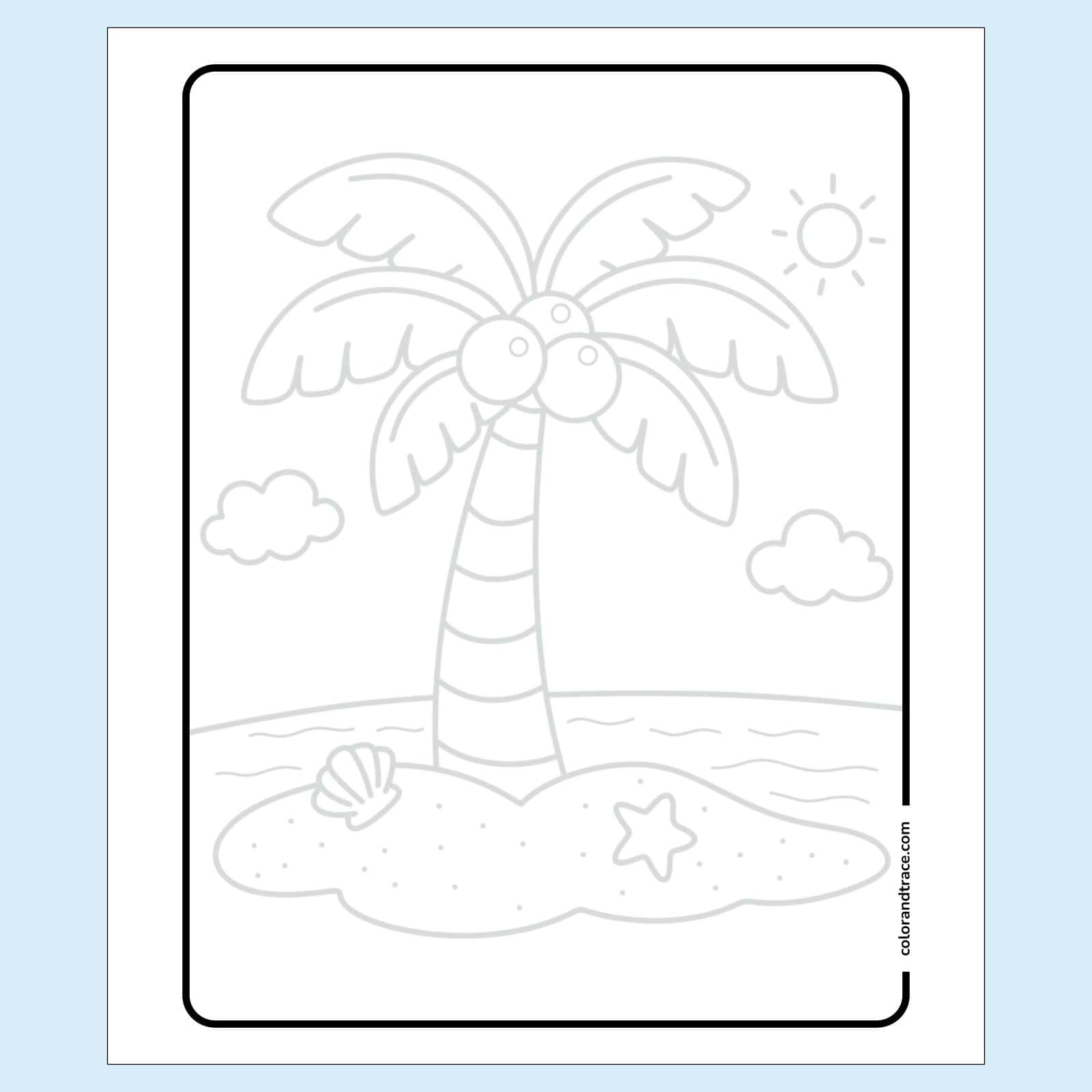 tracing page on a pale blue background showing a small sandy island with a striped palm tree, coconuts, shells, a starfish, clouds, and a sun.