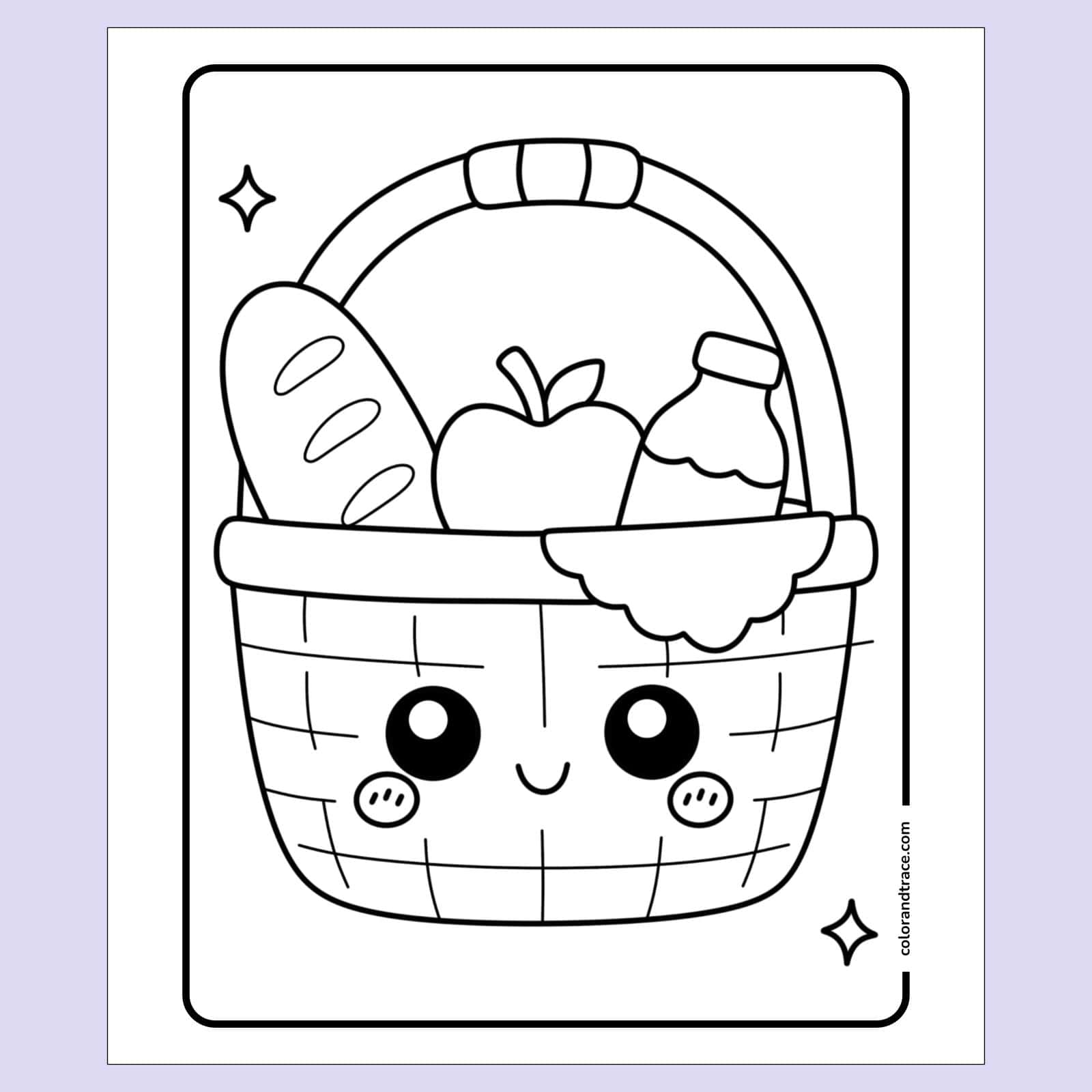 coloring page on a light purple background: Kawaii-style picnic basket coloring page with a smiling basket face, apple, bread, bottle, and handle.