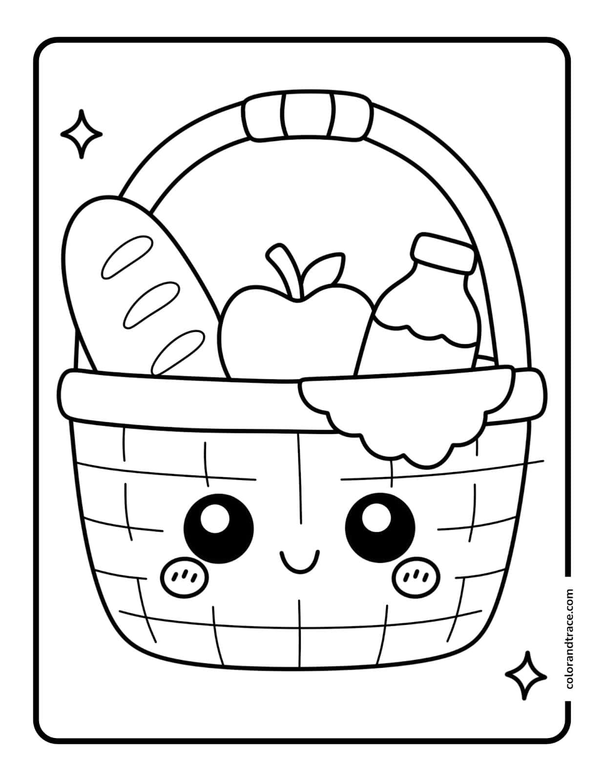 Kawaii-style picnic basket coloring page with a smiling basket face, apple, bread, bottle, and handle.