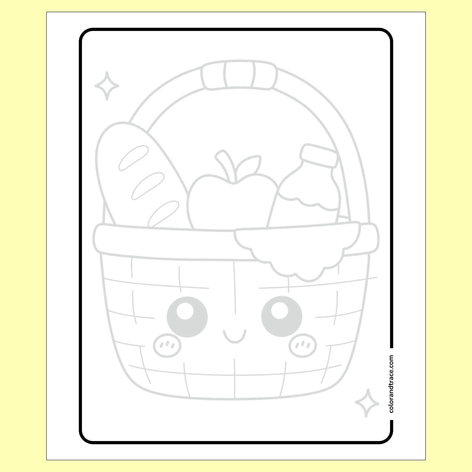 Preview of black-and-white tracing page showing a smiling picnic basket with a handle, loaf of bread, apple, bottle, and sparkles for coloring.