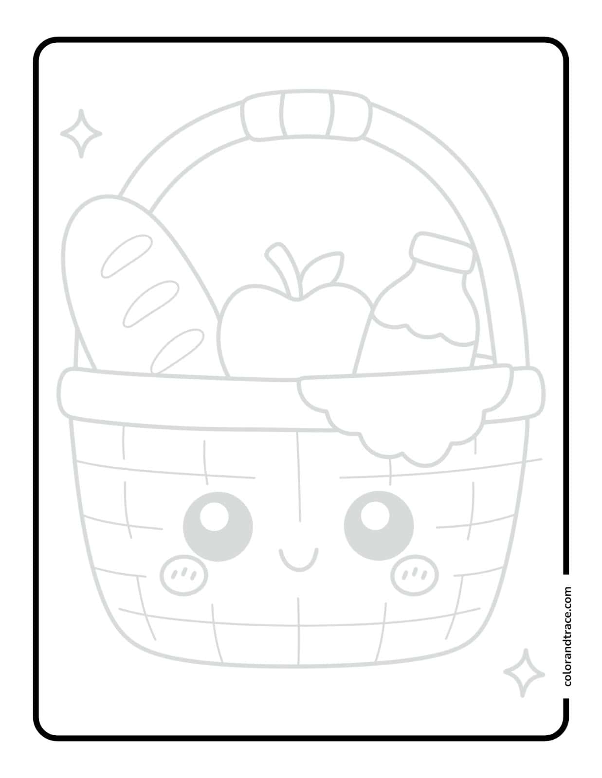 Black-and-white tracing page showing a smiling picnic basket with a handle, loaf of bread, apple, bottle, and sparkles for coloring.