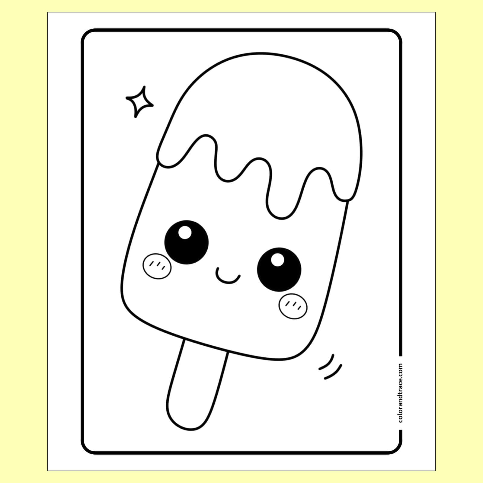 coloring page on a pale yellow background: Cute smiling popsicle coloring page with large eyes, drippy topping, cheeks and a stick centered on a bordered sheet.