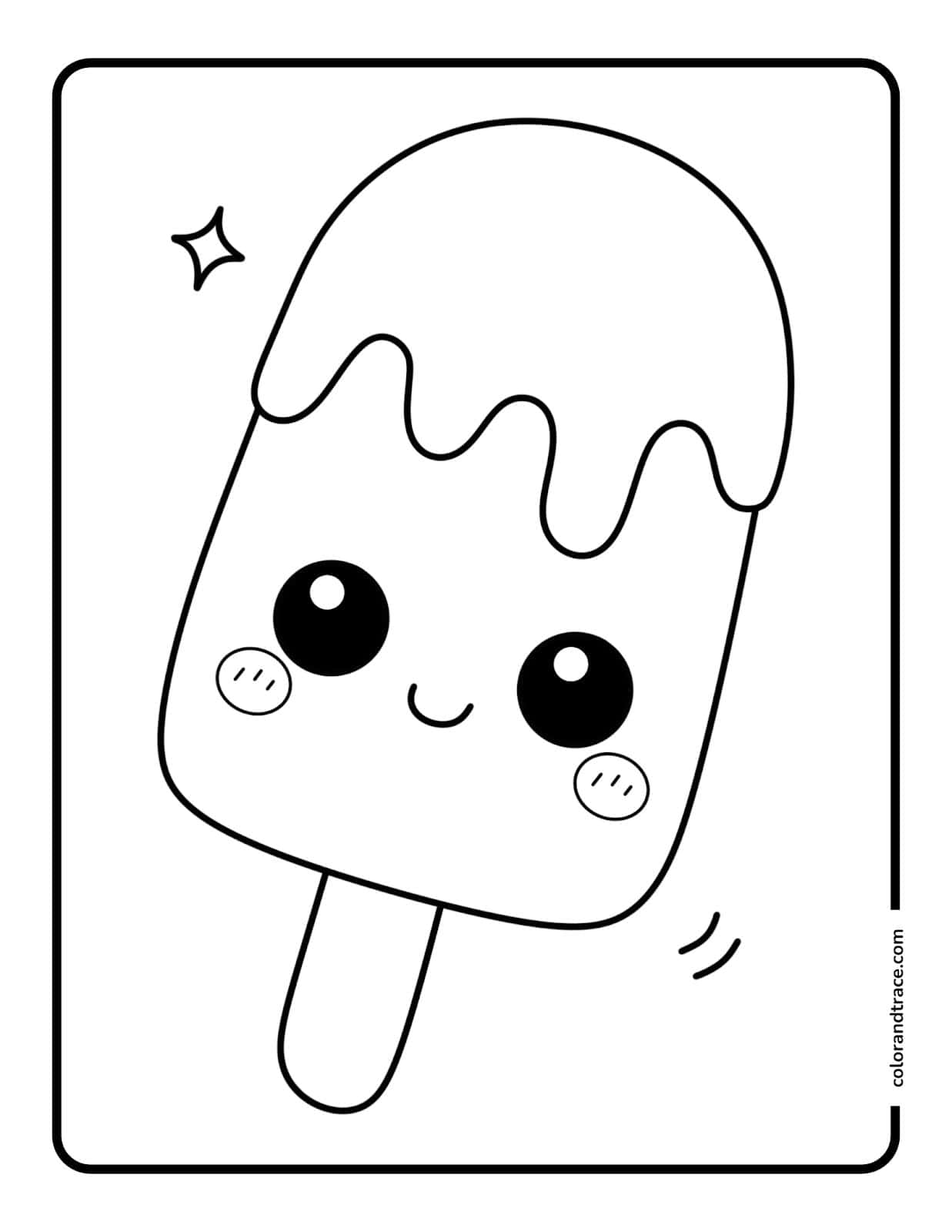 popsicle-coloring-page Cute smiling popsicle coloring page with large eyes, drippy topping, cheeks and a stick centered on a bordered sheet.