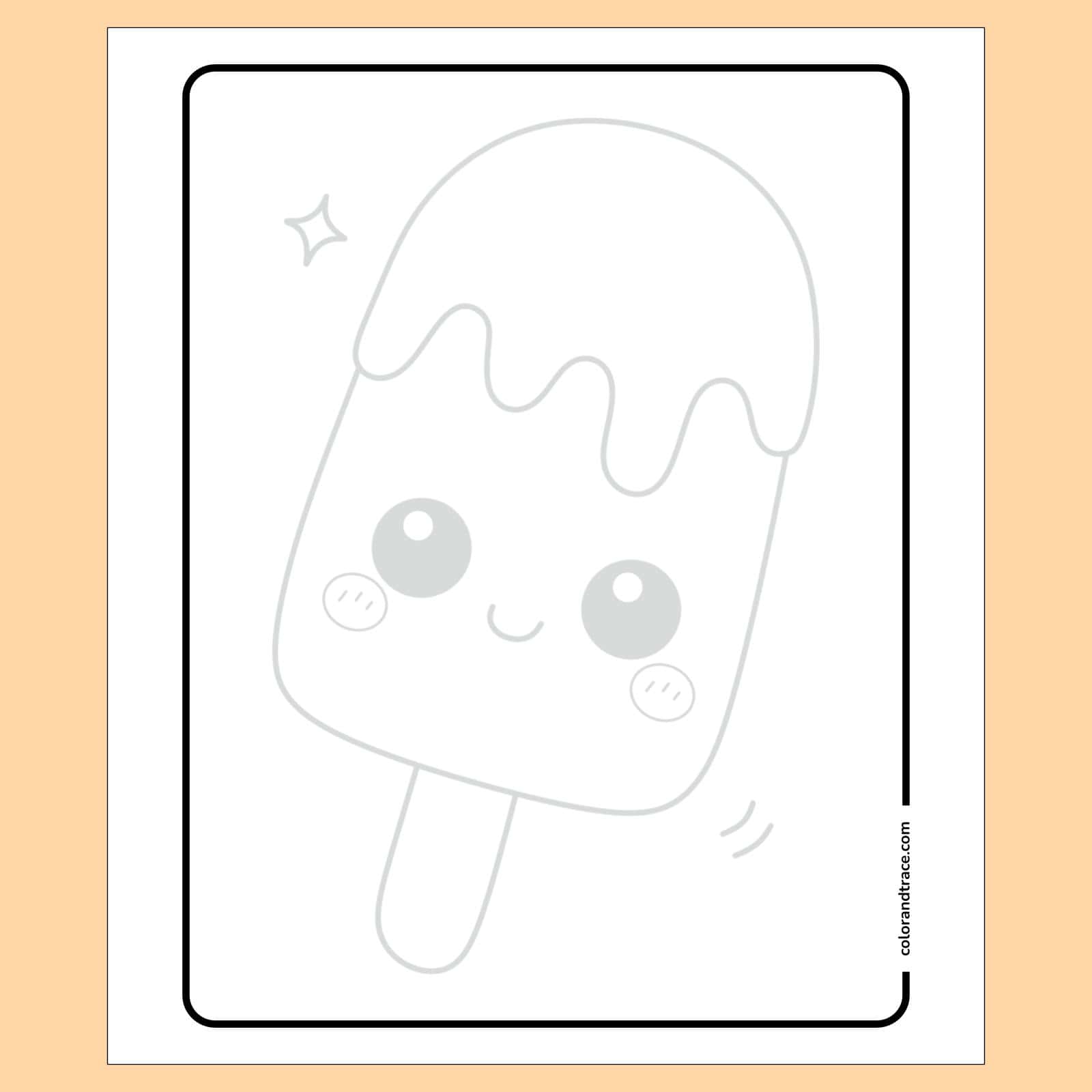 Preview of smiling kawaii popsicle tracing page with rounded border, two sticks and dripping top for children to color.