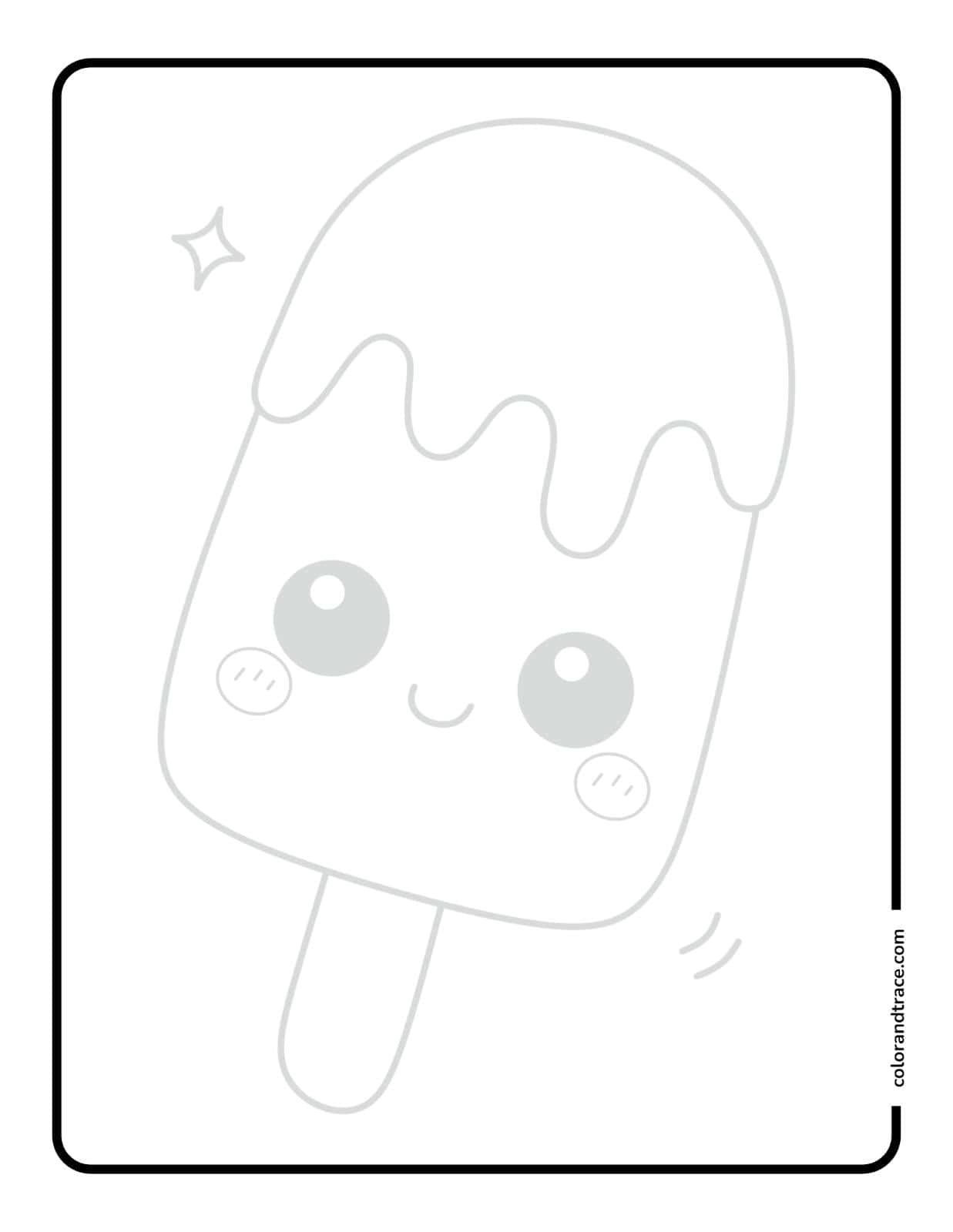 popsicle-tracing-page Smiling kawaii popsicle tracing page with rounded border, two sticks and dripping top for children to color.