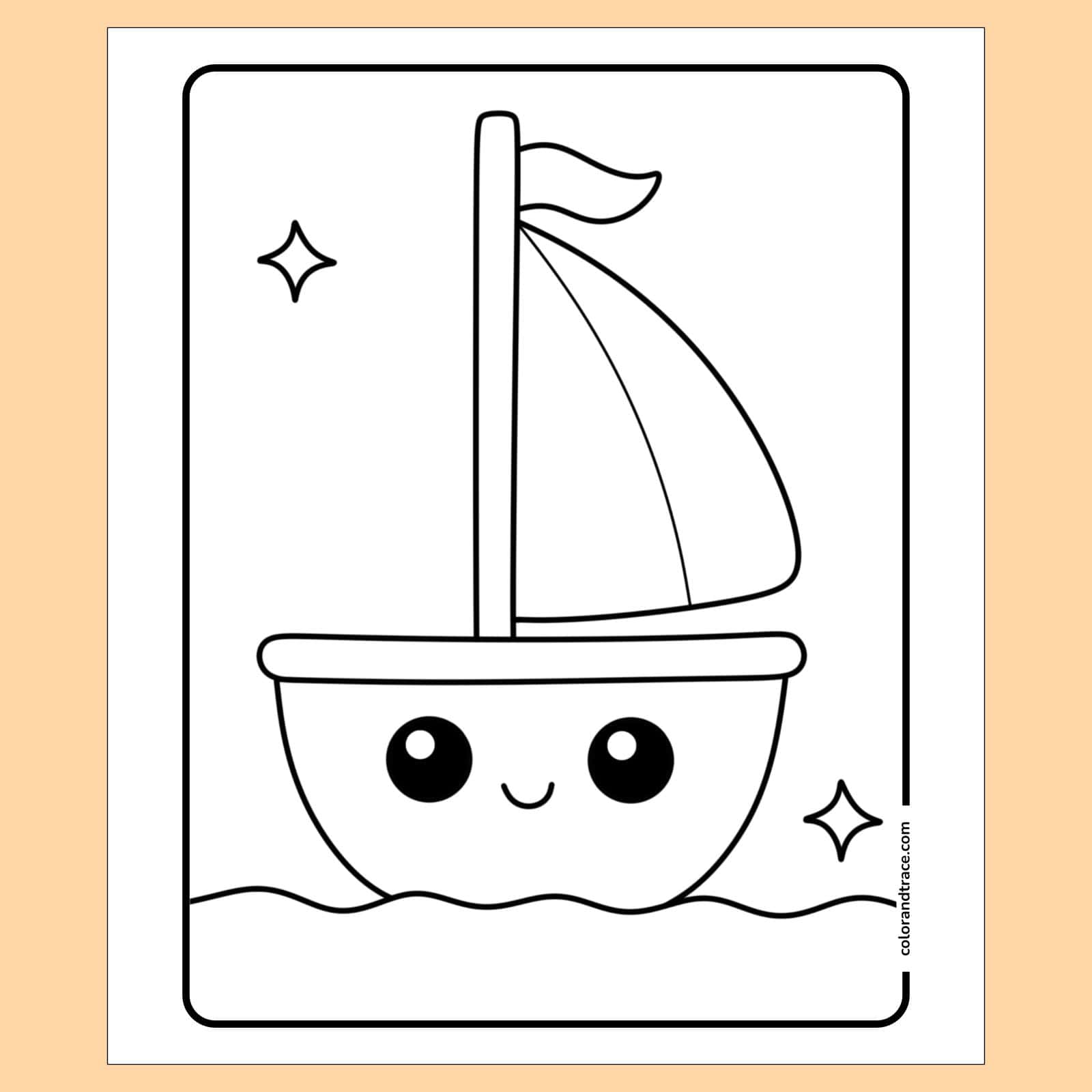 Preview of a simple black-and-white coloring page showing a smiling kawaii sailboat with a mast, curved sail, round eyes, and wavy water within a bordered frame.