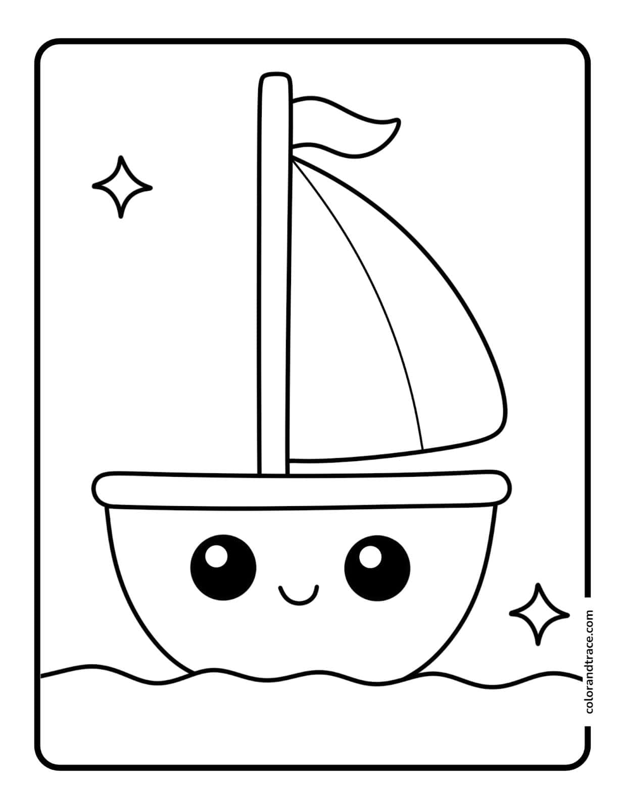 A simple black-and-white coloring page showing a smiling kawaii sailboat with a mast, curved sail, round eyes, and wavy water within a bordered frame.