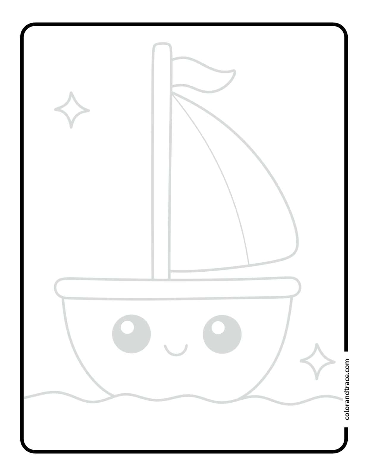 Centered tracing page showing a simple cartoon sailboat with a smiling face, mast, sail, and wavy water inside a rounded rectangular border.