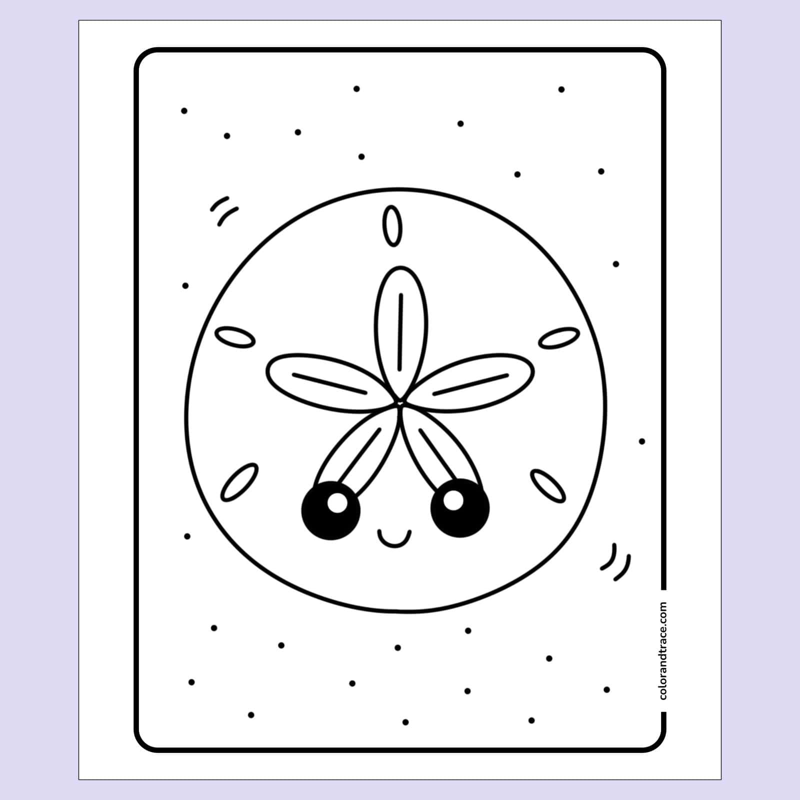 coloring page on a light purple background: Smiling sand dollar coloring page with a centered circular sand dollar face, five petal-like segments, big eyes, and scattered dots.