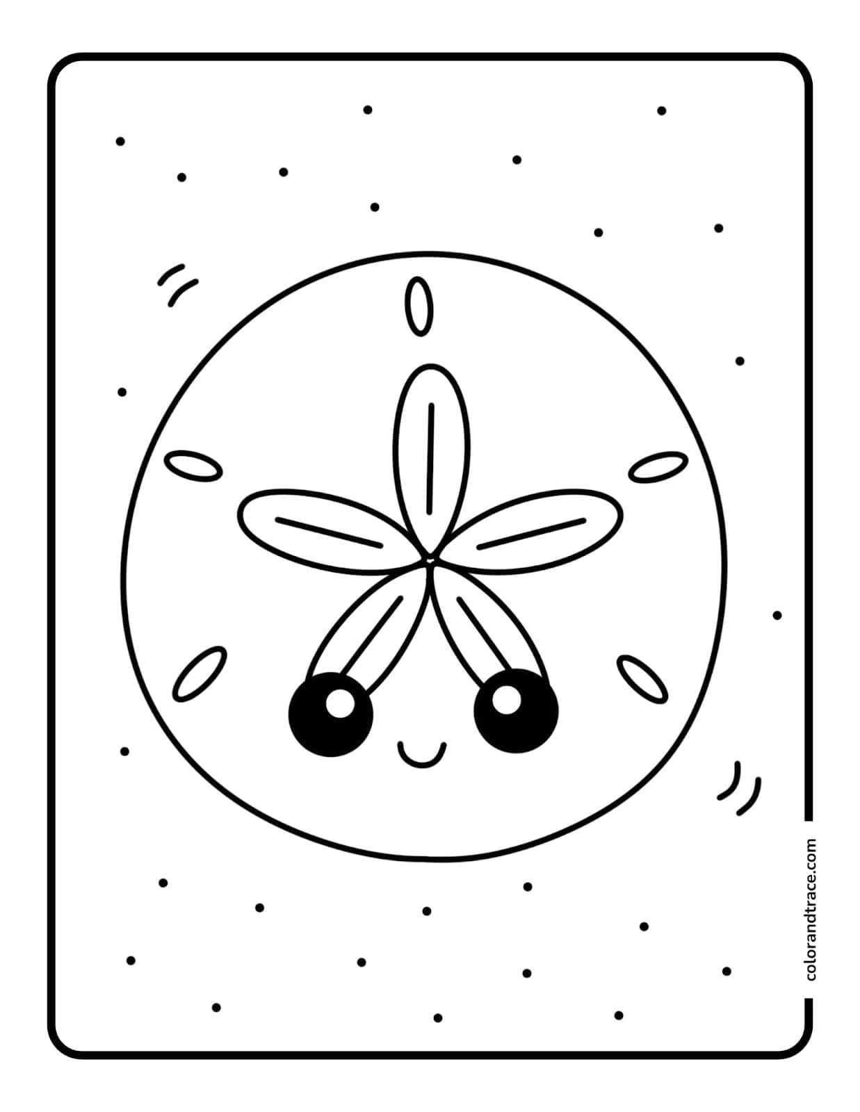 Smiling sand dollar coloring page with a centered circular sand dollar face, five petal-like segments, big eyes, and scattered dots.