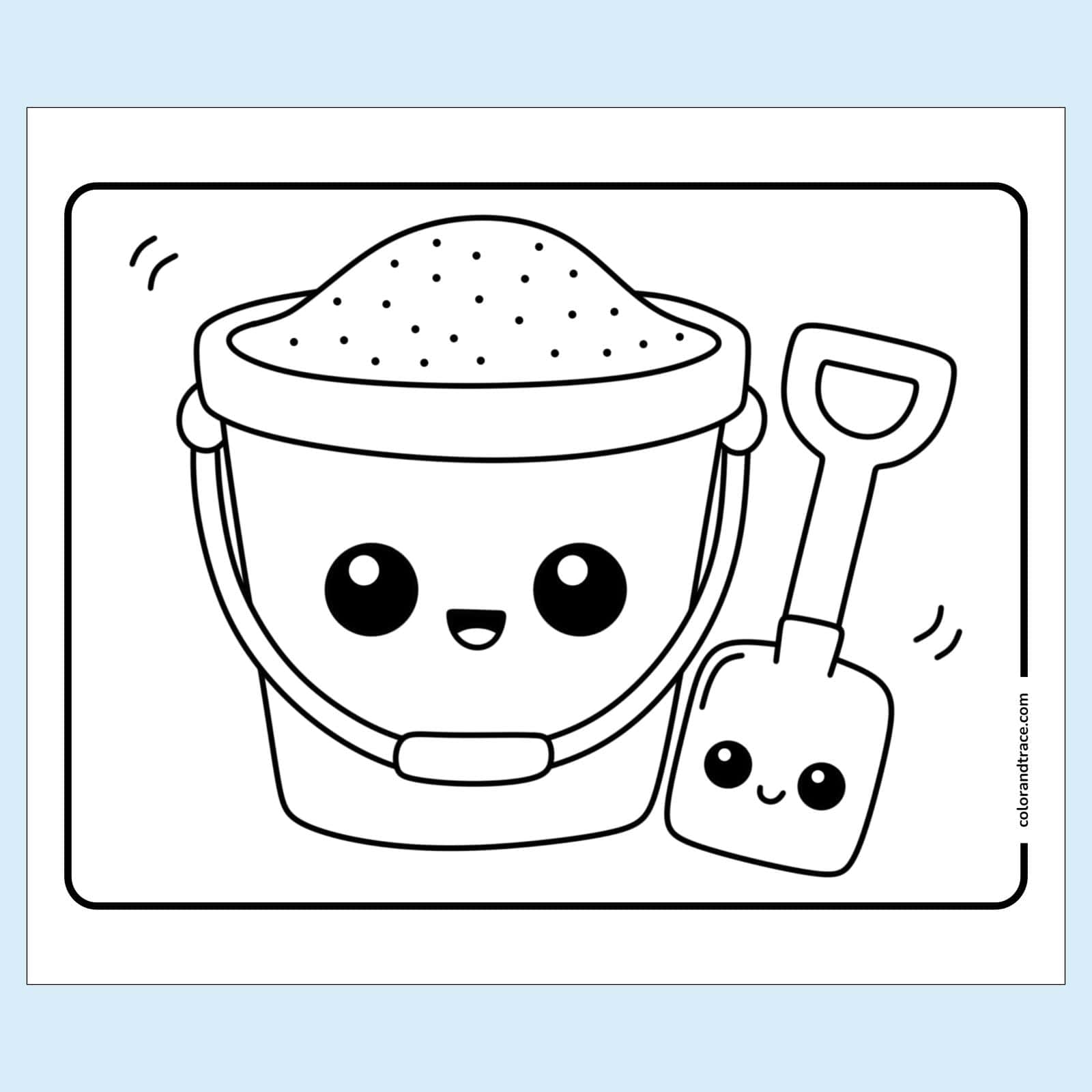 Preview of kawaii-style sand bucket filled with sand and a smiling sand shovel beside it, outlined for a children's coloring page.