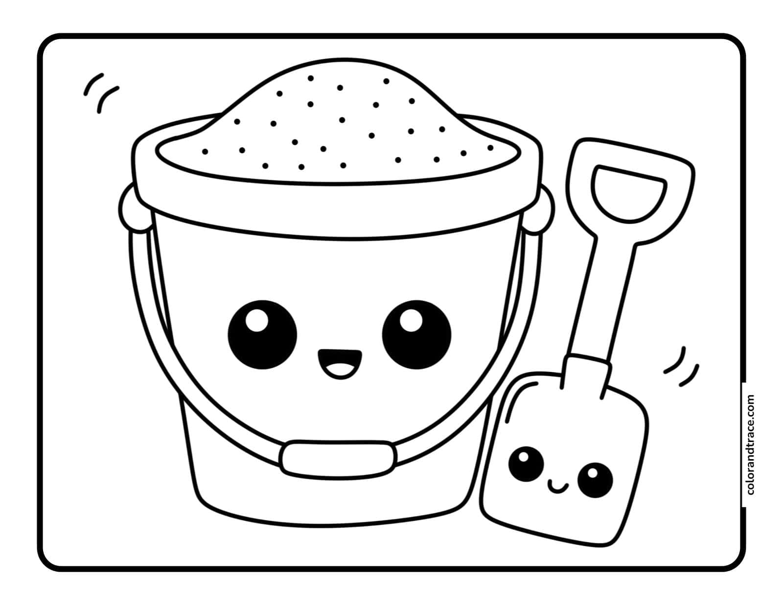 Kawaii-style sand bucket filled with sand and a smiling sand shovel beside it, outlined for a children's coloring page.
