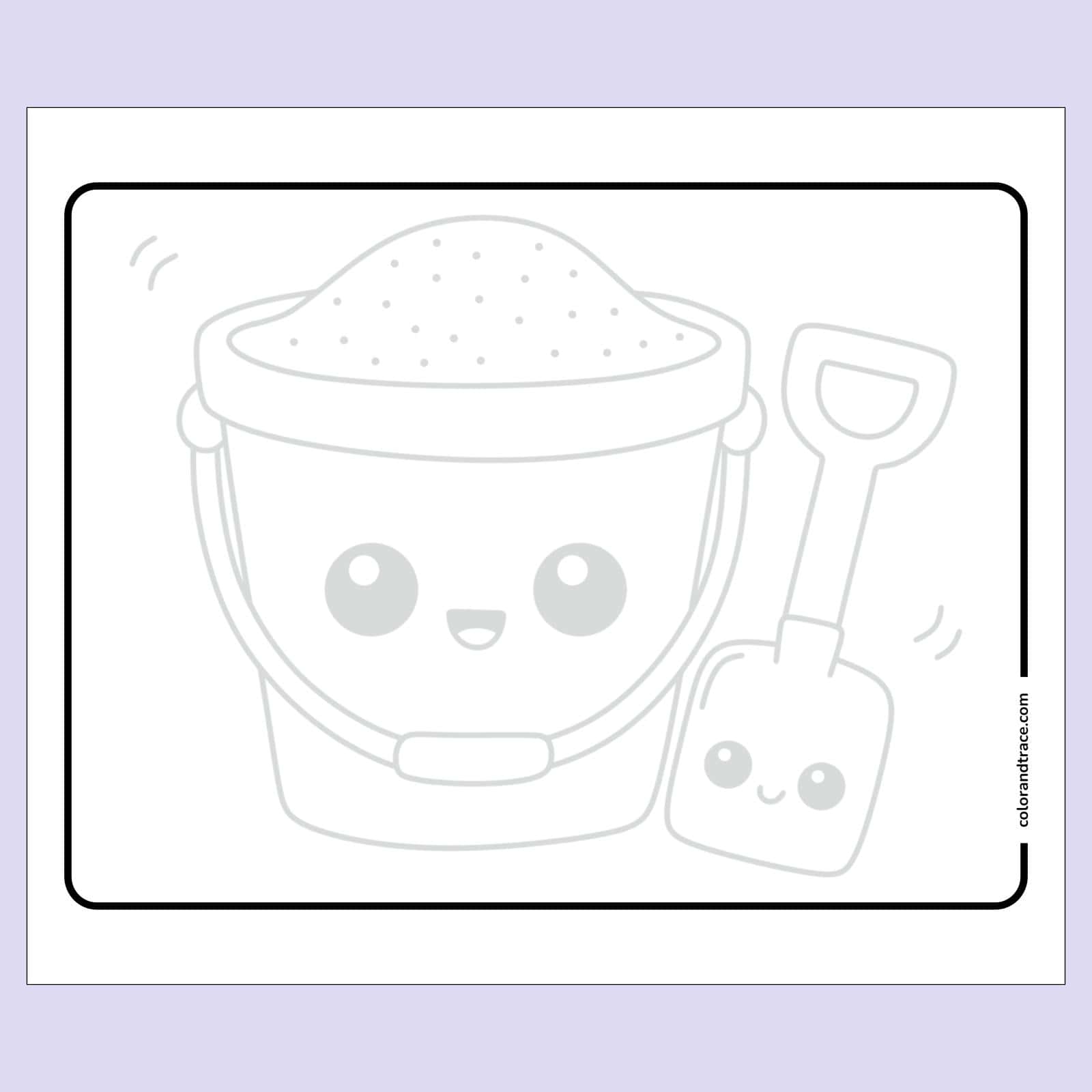 tracing page on a light purple background: A large rounded sand bucket filled with sand and a smiling shovel beside it, outlined as a light gray tracing page for coloring.