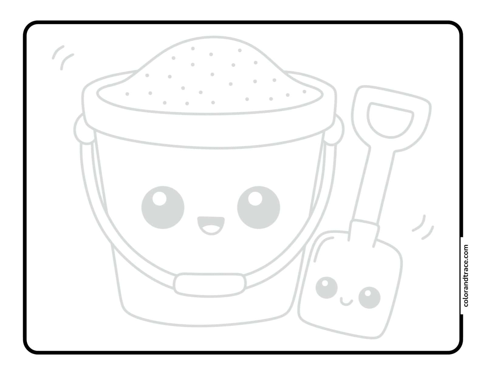 A large rounded sand bucket filled with sand and a smiling shovel beside it, outlined as a light gray tracing page for coloring.
