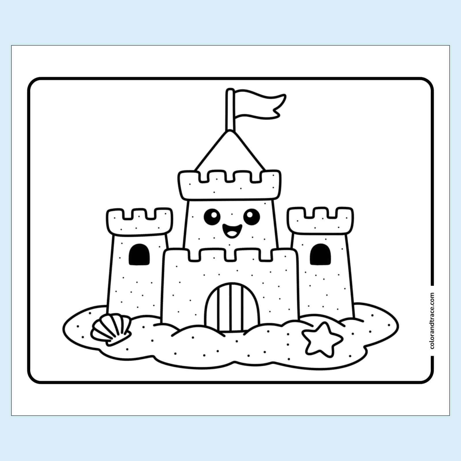 Preview of a simple black-and-white coloring page of a smiling sandcastle with three towers, flag, shells, star, and surrounding sand.