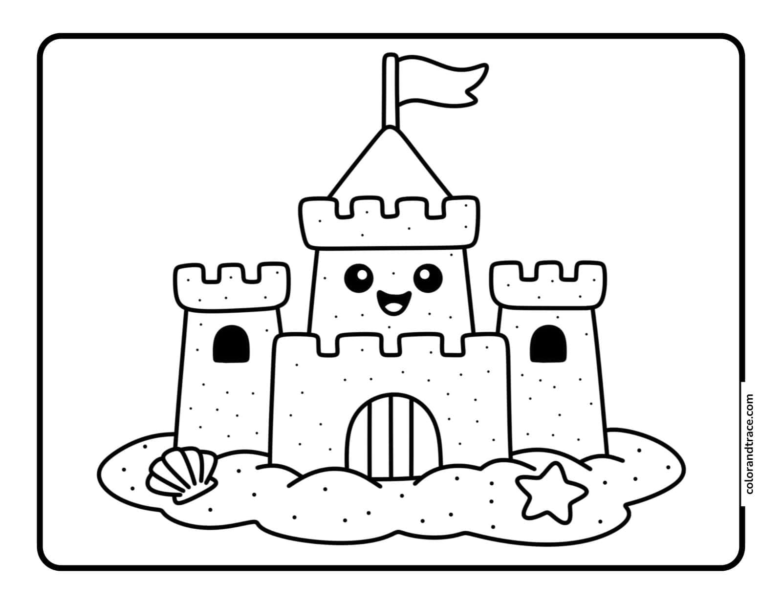 A simple black-and-white coloring page of a smiling sandcastle with three towers, flag, shells, star, and surrounding sand.