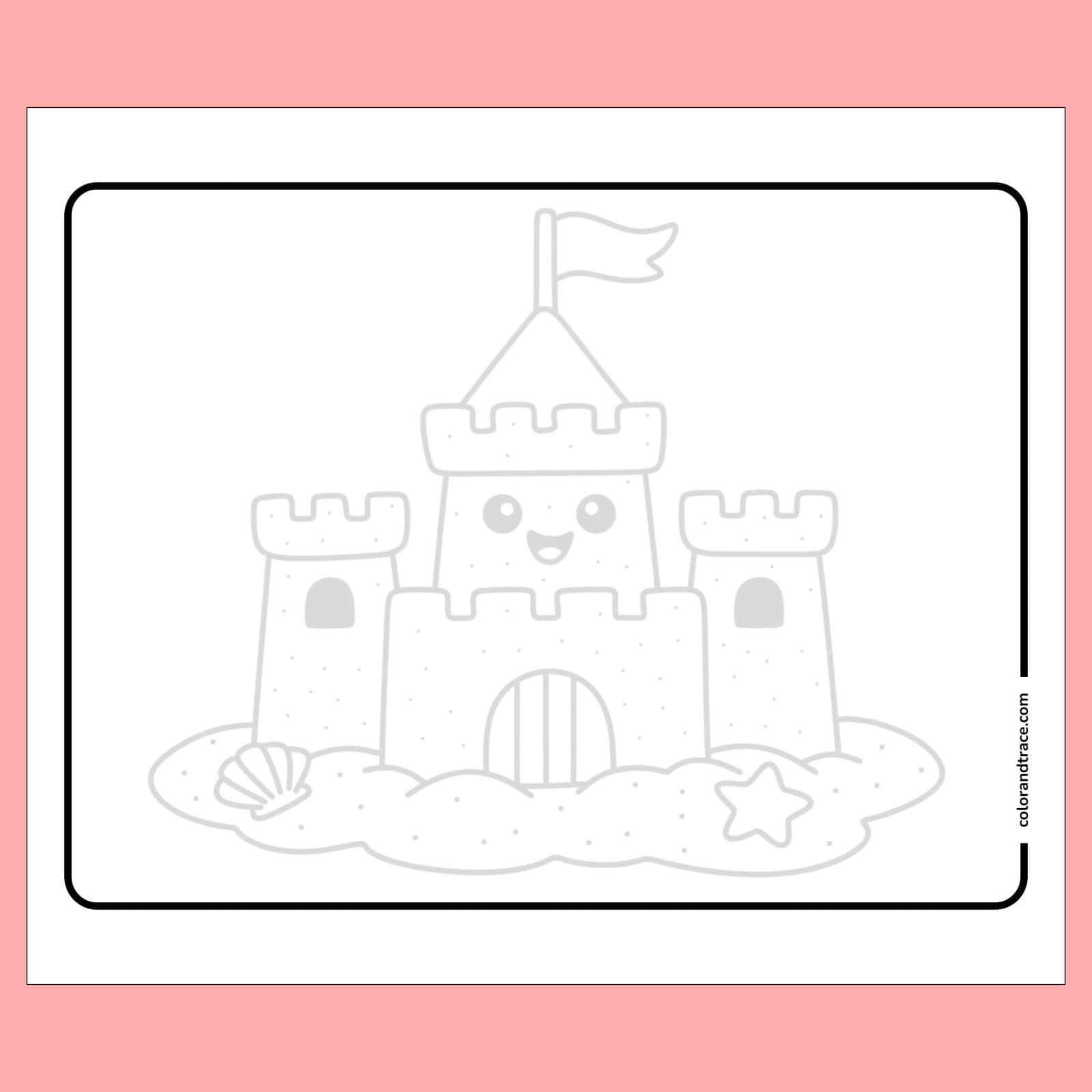 Preview of black-and-white tracing page showing a cheerful sandcastle with three towers, a flag, shell and star on a sandy base inside a rounded rectangular border.