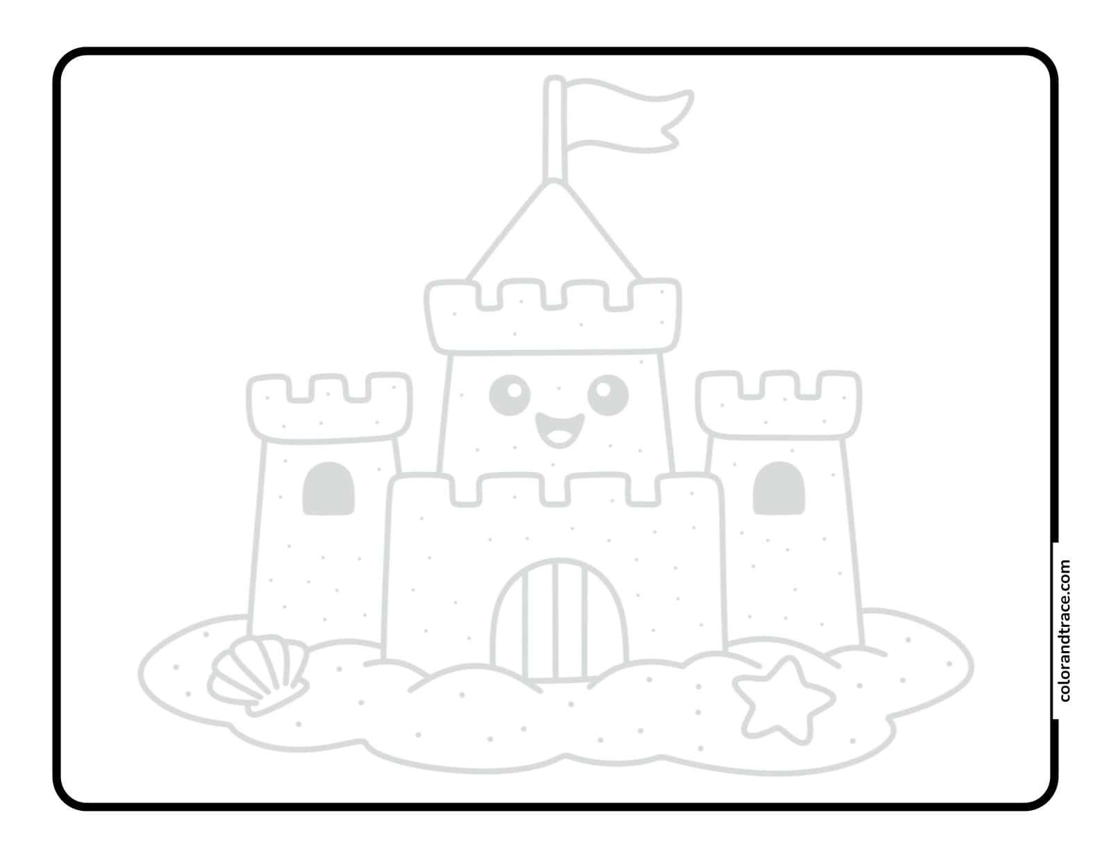 Black-and-white tracing page showing a cheerful sandcastle with three towers, a flag, shell and star on a sandy base inside a rounded rectangular border.