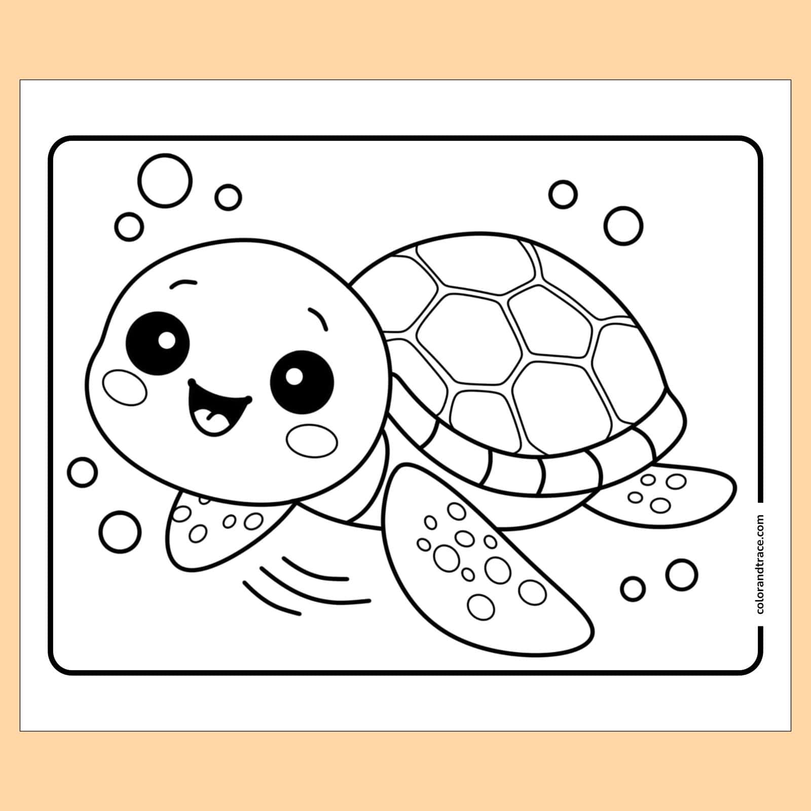 Preview of cute cartoon sea turtle with a patterned shell and flippers, smiling amidst bubbles inside a rounded square frame.