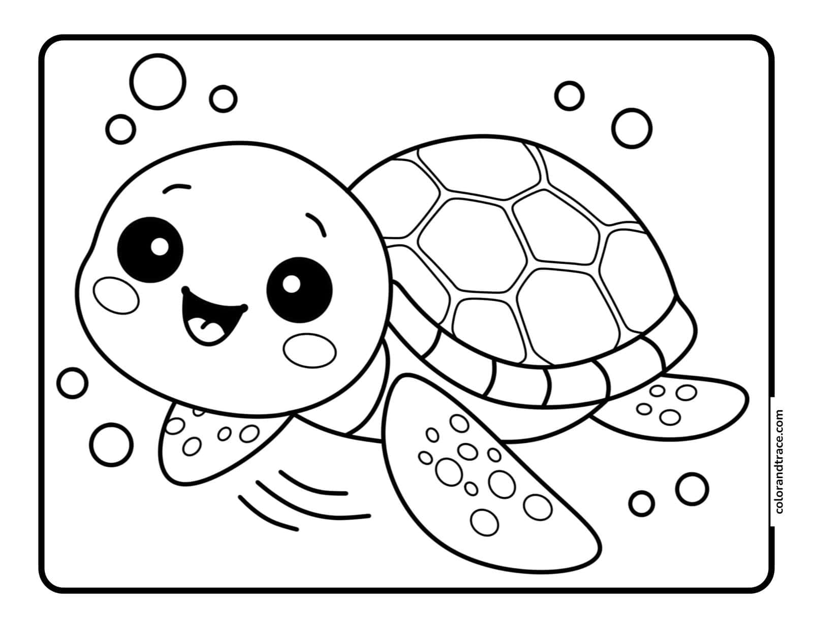 Cute cartoon sea turtle with a patterned shell and flippers, smiling amidst bubbles inside a rounded square frame.