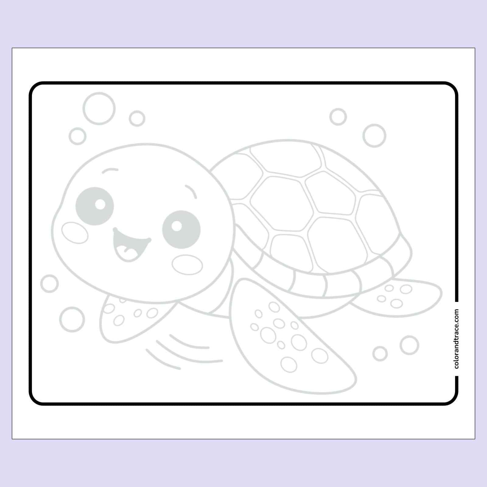Preview of a grayscale tracing page showing a smiling cartoon sea turtle with a patterned shell, flippers, bubbles, and rounded border.