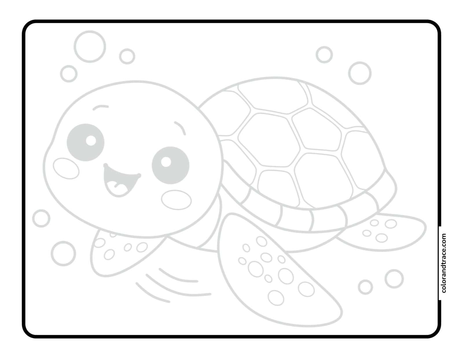A grayscale tracing page showing a smiling cartoon sea turtle with a patterned shell, flippers, bubbles, and rounded border.