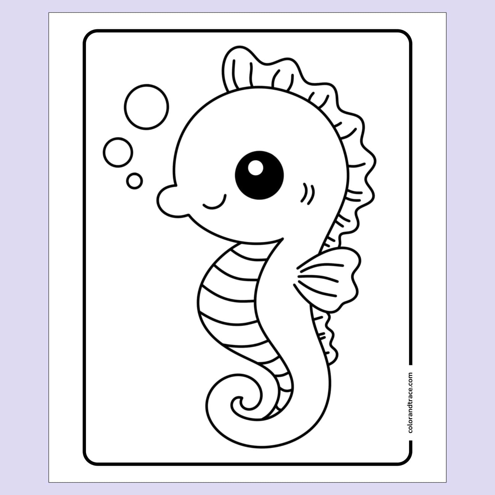coloring page on a white background showing a large, smiling seahorse with striped belly, frilly back fin, small wing-like fin, and bubbles.