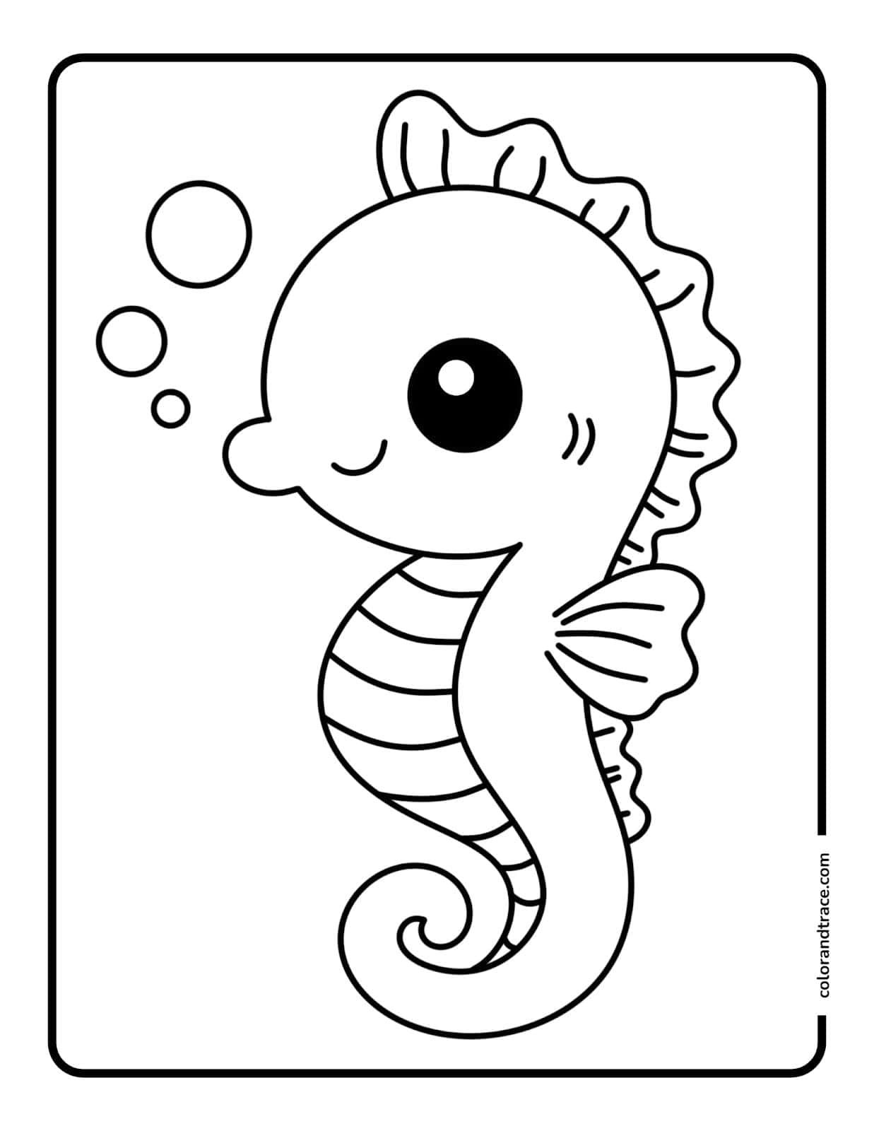 Black-and-white coloring page showing a large, smiling seahorse with striped belly, frilly back fin, small wing-like fin, and bubbles.