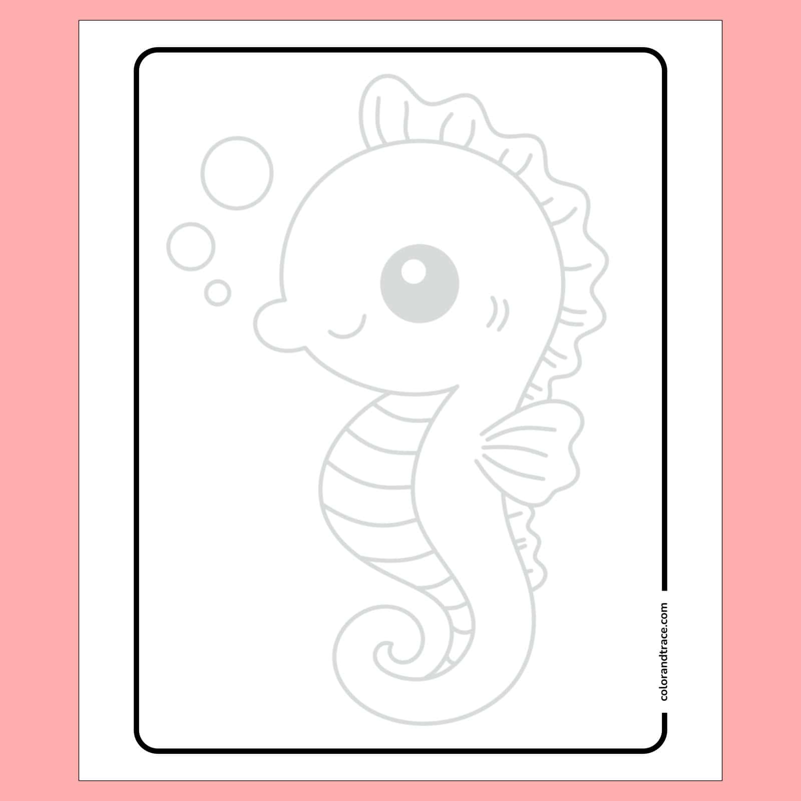 Preview of large pale gray seahorse tracing inside a rounded-rectangle frame with three bubbles at top left on a pink background.