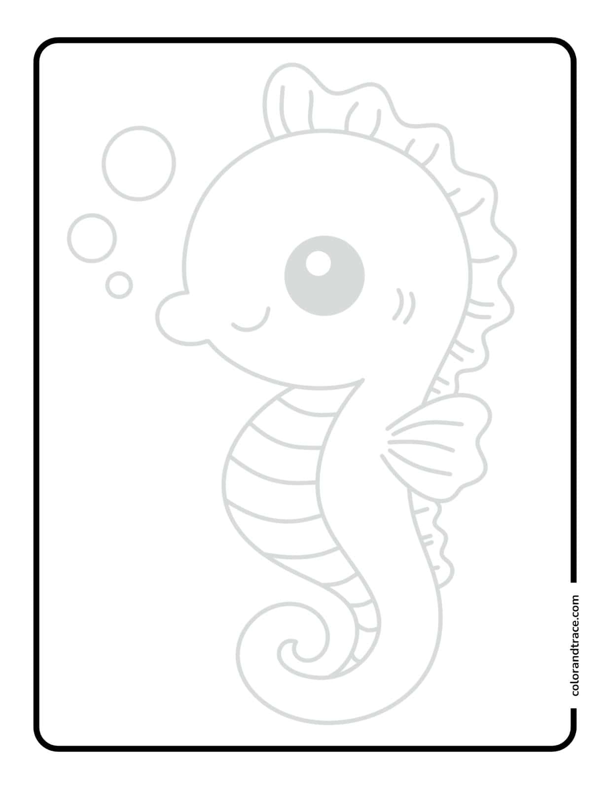 Large pale gray seahorse tracing inside a rounded-rectangle frame with three bubbles at top left on a pink background.
