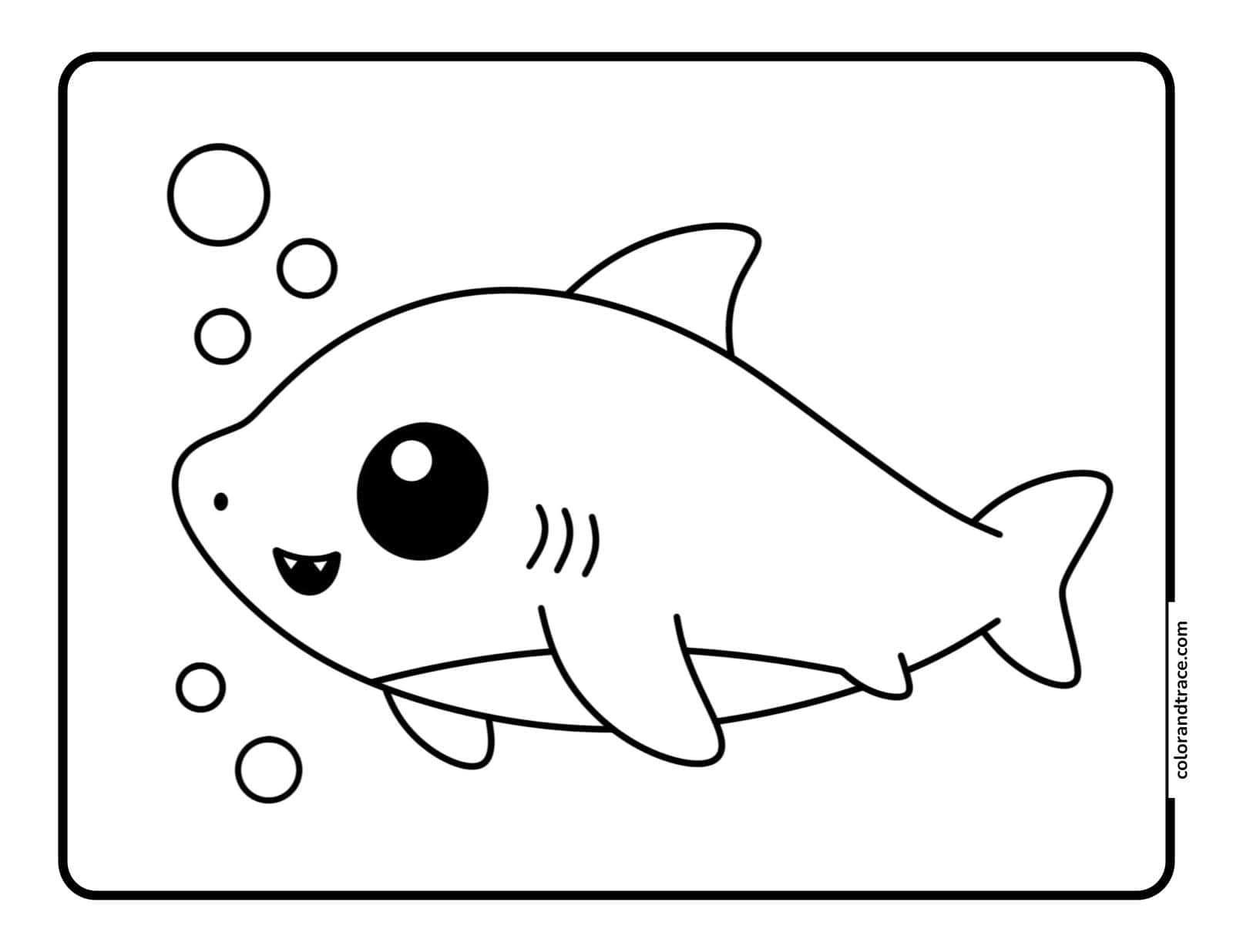 Cute outlined baby shark inside a rounded rectangular frame with bubbles to the left, large eye, smiling mouth, and simple fins.
