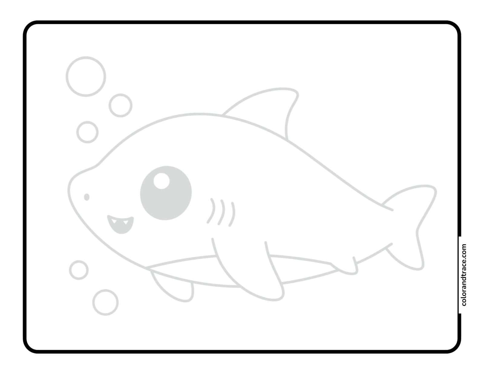 Large square tracing page with a faint outline of a smiling cartoon shark, bubbles, and a rounded black border on a pink background.