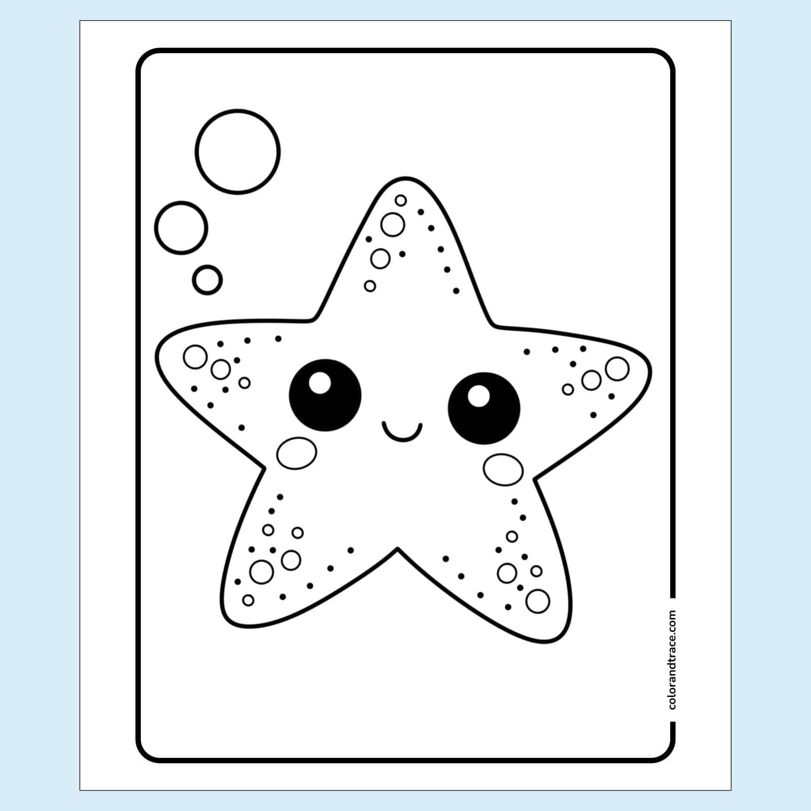 coloring page on a light blue background: A large outlined kawaii starfish with big round eyes, a smiling mouth, and dotted bubble decorations inside a rounded rectangular border.
