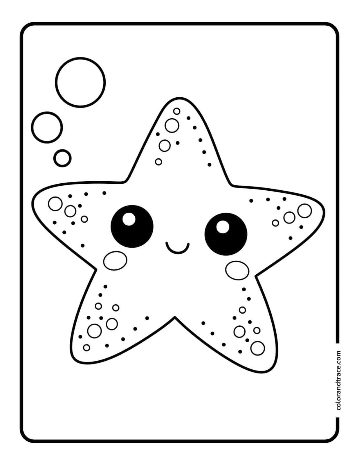 A large outlined kawaii starfish with big round eyes, a smiling mouth, and dotted bubble decorations inside a rounded rectangular border.