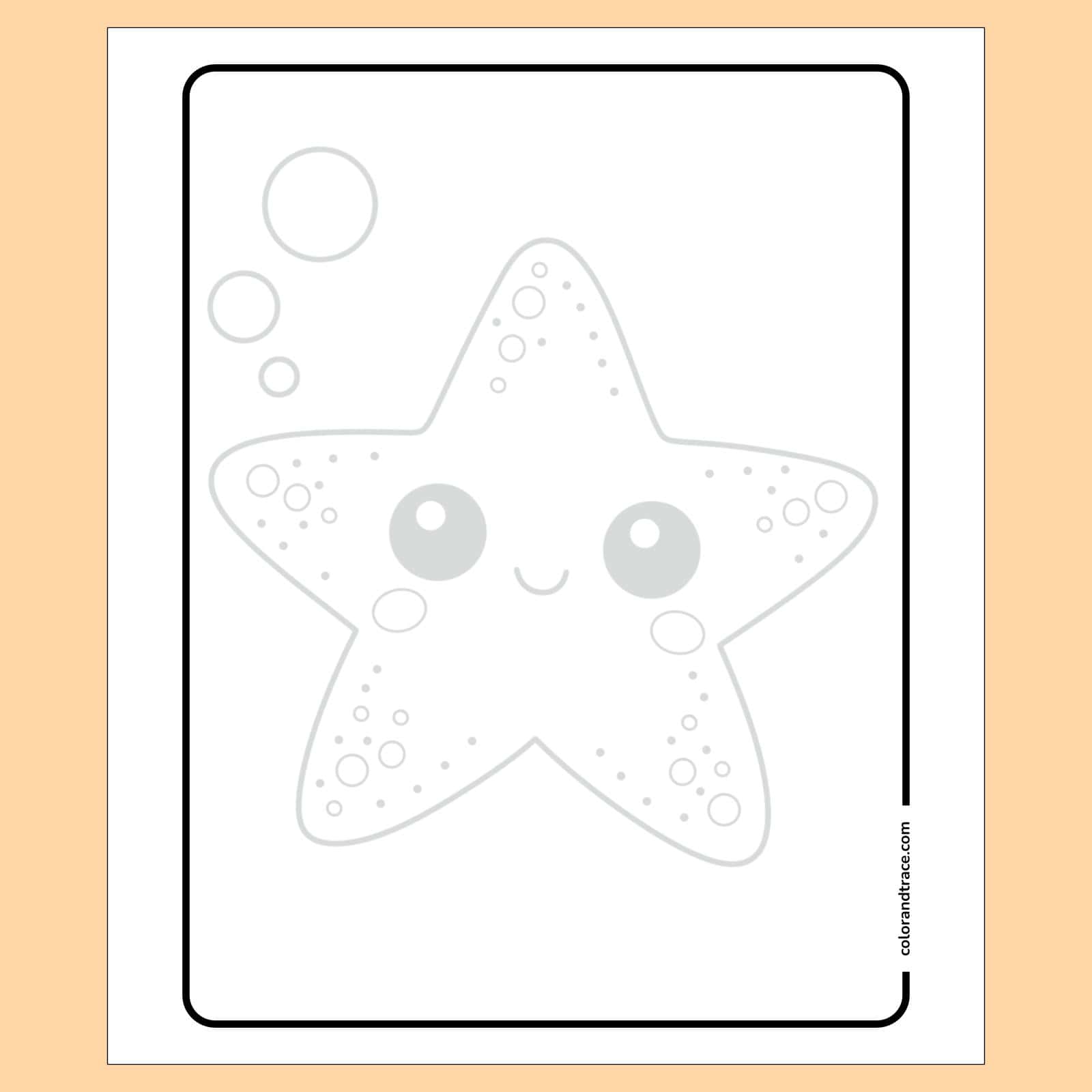Preview of light gray outlined smiling starfish with large eyes, bubble clusters around its arms, centered on a white portrait tracing page.